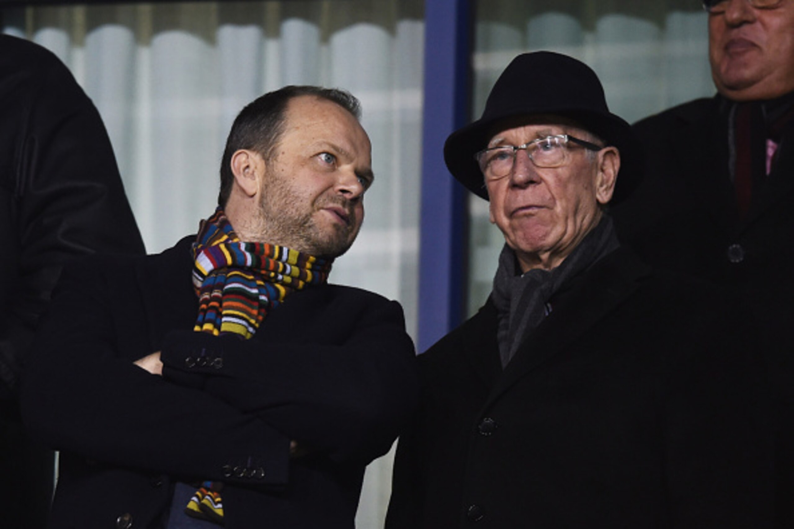 SHREWSBURY, ENGLAND - FEBRUARY 22:  Ed Woodward executive vice-chairman of Manchester United (L) and Sir Bobby Charlton in discussion prior to the Emirates FA Cup fifth round match between Shrewsbury Town and Manchester United at Greenhous Meadow on Febru