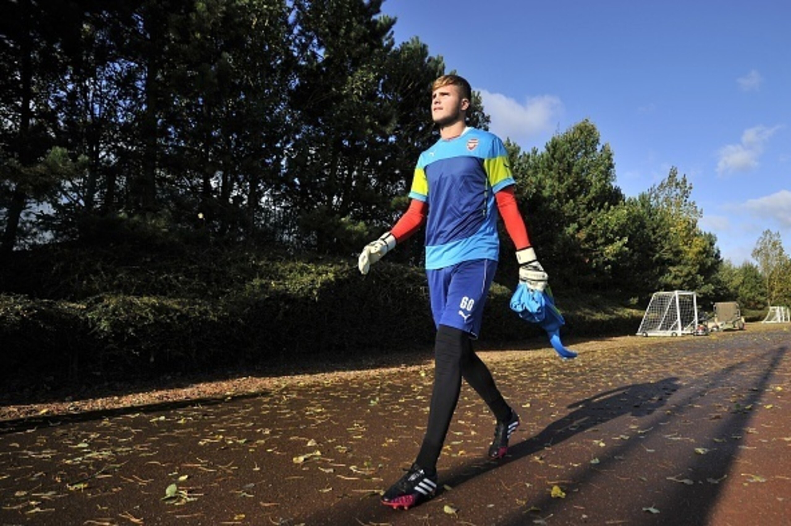 CORRECTING PLAYER ID
Arsenal's under-18 English goalkeeper Ryan Huddart attends training at their London Colney facility in Hertfordshire, north of London, on October 21, 2014 ahead of the forthcoming UEFA Champions League Group D football match against R