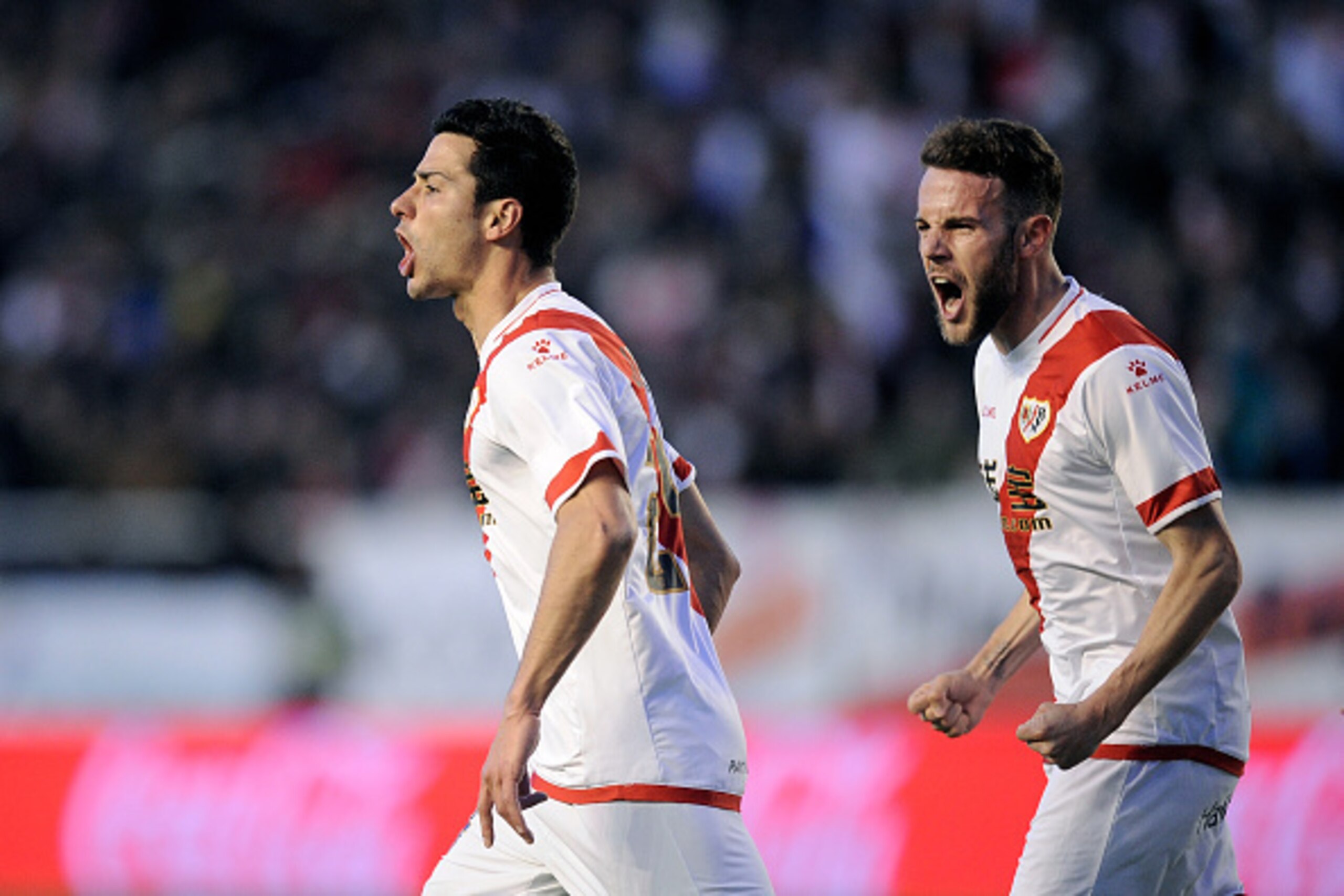 MADRID, SPAIN - APRIL 01:  Javi Guerra of Rayo Vallecano de Madrid celebrates after scoring his team's opening goal after having a goal disallowed earlier during the La Liga match between Rayo Vallecano and Getafe CF at Estadio de Vallecas on April 1, 201