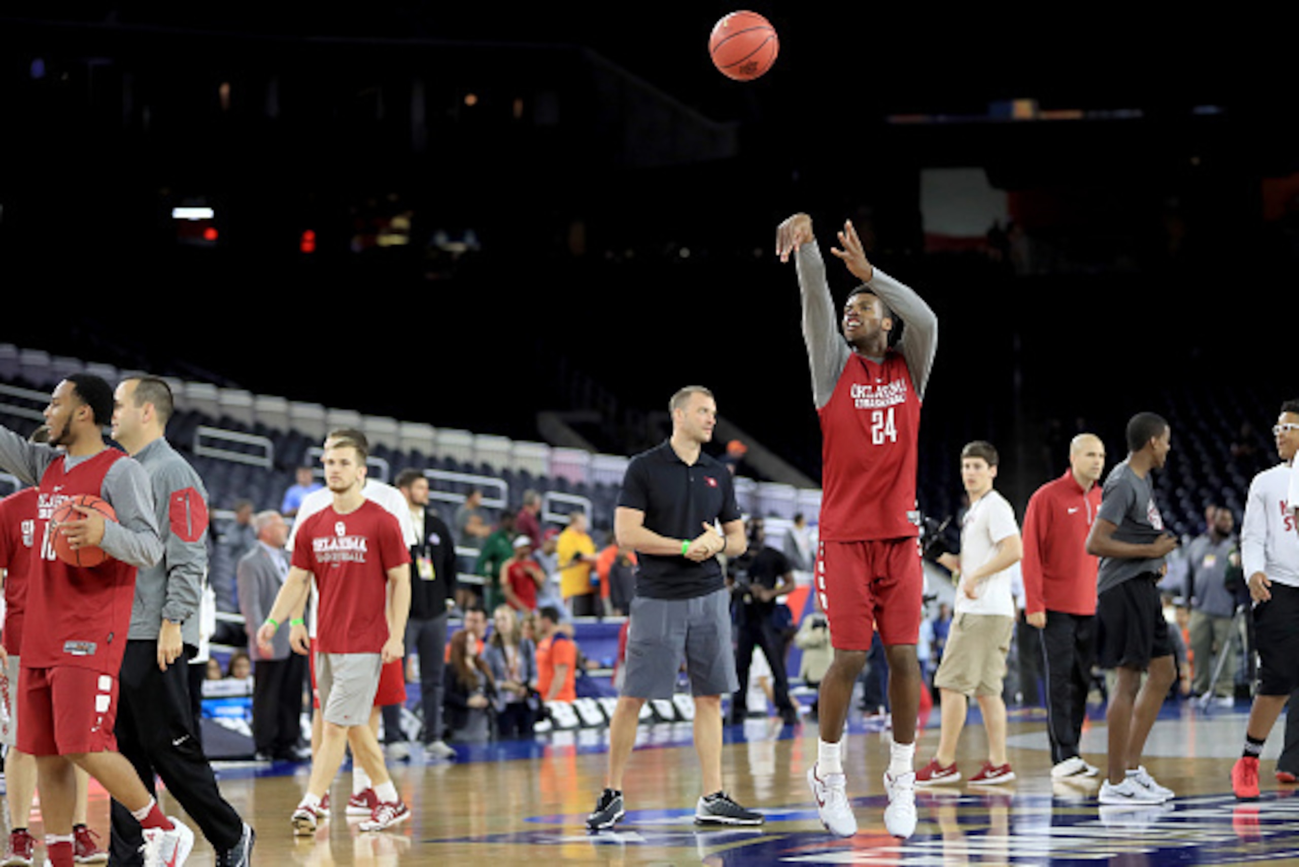 HOUSTON, TEXAS - APRIL 01:  Buddy Hield #24 of the Oklahoma Sooners shoots a shot from half court during a practice session for the 2016 NCAA Men's Final Four at NRG Stadium on April 1, 2016 in Houston, Texas.  (Photo by Ronald Martinez/Getty Images)