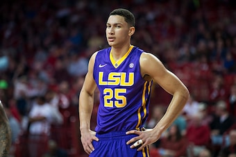 FAYETTEVILLE, AR - FEBRUARY 23:  Ben Simmons #25 of the LSU Tigers looks over at the photographer during a game against the Arkansas Razorbacks at Bud Walton Arena on February 23, 2016 in Fayetteville, Arkansas.  The Razorbacks defeated the Tigers 85-65. 