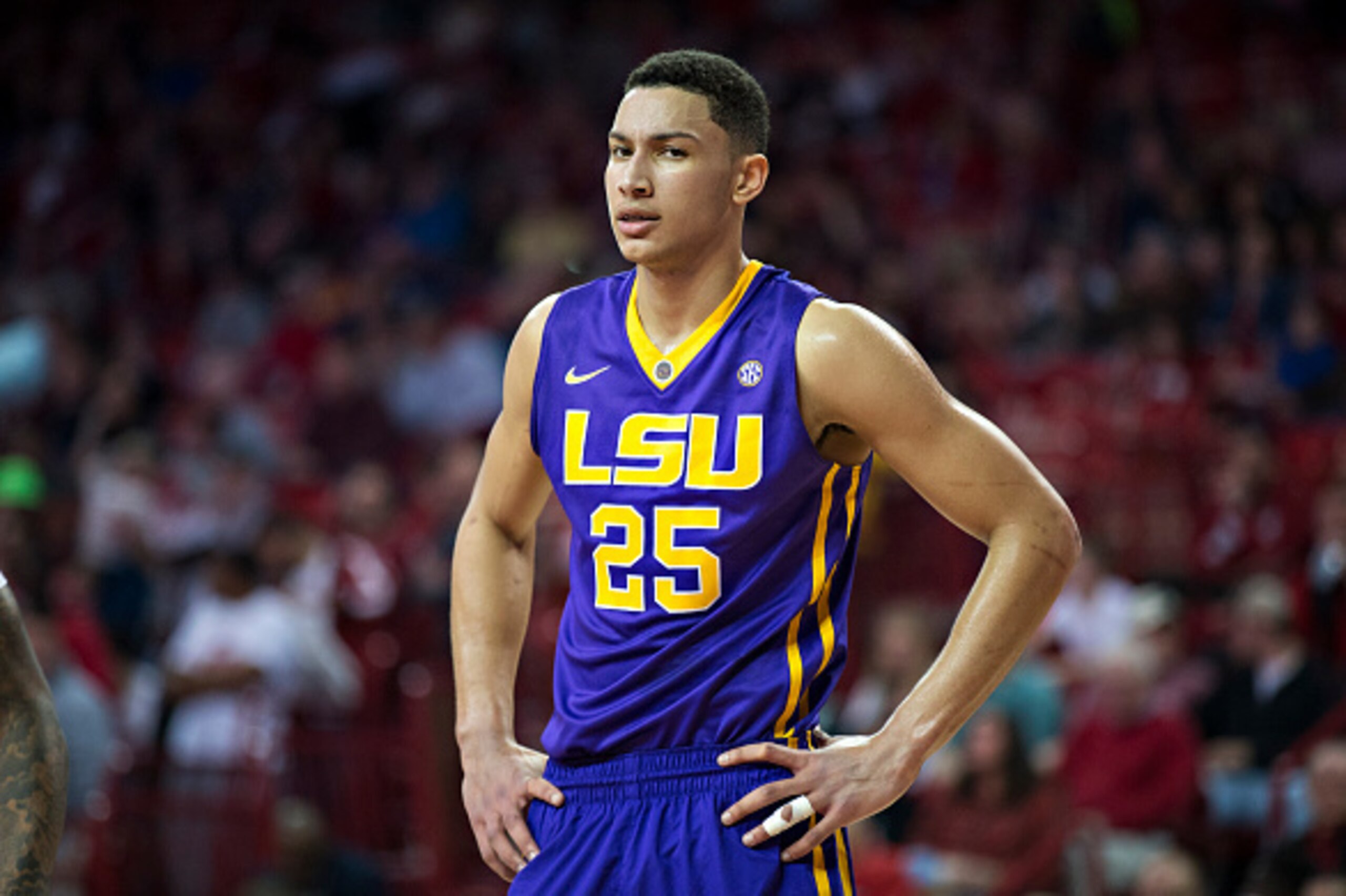 FAYETTEVILLE, AR - FEBRUARY 23:  Ben Simmons #25 of the LSU Tigers looks over at the photographer during a game against the Arkansas Razorbacks at Bud Walton Arena on February 23, 2016 in Fayetteville, Arkansas.  The Razorbacks defeated the Tigers 85-65. 