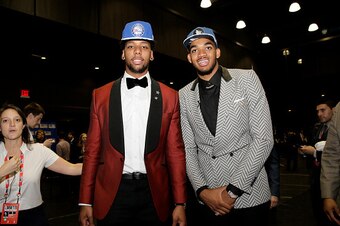 BROOKLYN, NY - JUNE 25: Karl-Anthony Towns of the Minnesota Timberwolves and Jahlil Okafor of the Philadelphia 76ers pose for a picture after being selected during the 2015 NBA Draft on June 25, 2015 at Barclays Center in Brooklyn, New York. NOTE TO USER: