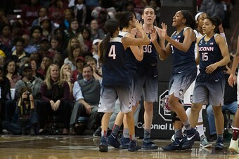 COLUMBIA, SC - FEBRUARY 08: Moriah Jefferson #4, Kia Nurse #11, Breanna Stewart #30, Morgan Tuck #3 and Gabby Williams #15 of the Connecticut Huskies huddle during their game against the South Carolina Gamecocks at Colonial Life Arena on February 8, 2016 