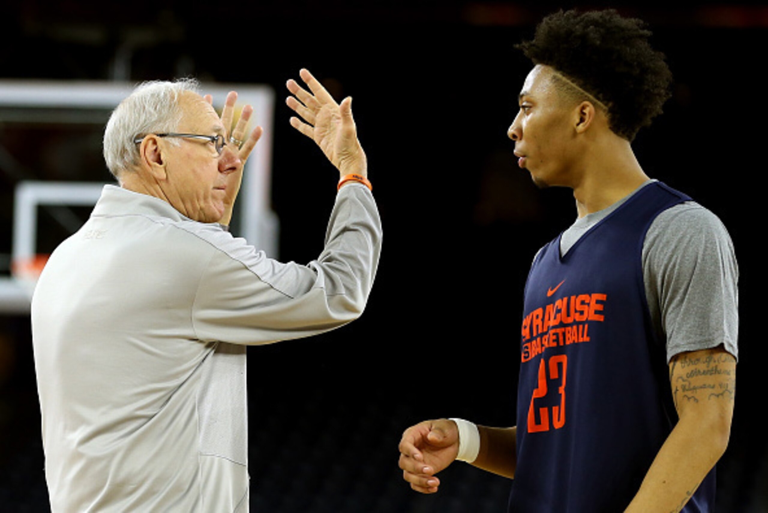 HOUSTON, TEXAS - APRIL 01:  Head coach Jim Boeheim talks with Malachi Richardson #23 of the Syracuse Orange during a practice session for the 2016 NCAA Men's Final Four at NRG Stadium on April 1, 2016 in Houston, Texas.  (Photo by Streeter Lecka/Getty Ima