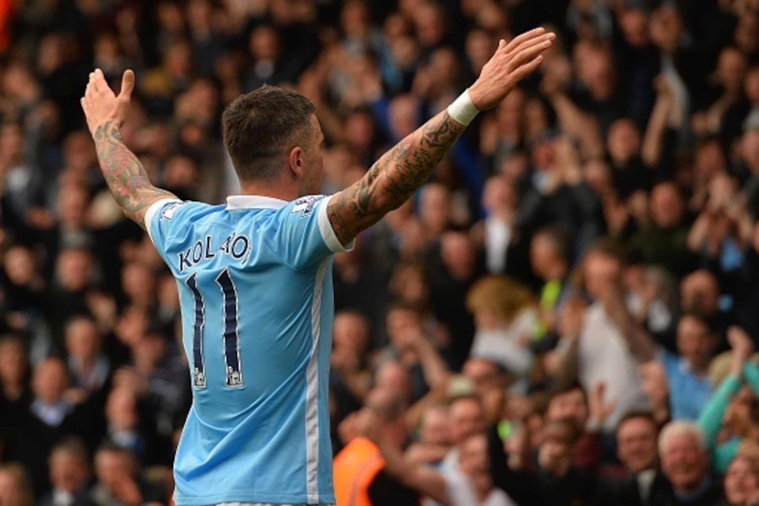 Manchester City's Serbian defender Aleksandar Kolarov celebrates after scoring their fourth goal during the English Premier League football match between Bournemouth and Manchester City at the Vitality Stadium in Bournemouth, southern England on April 2, 
