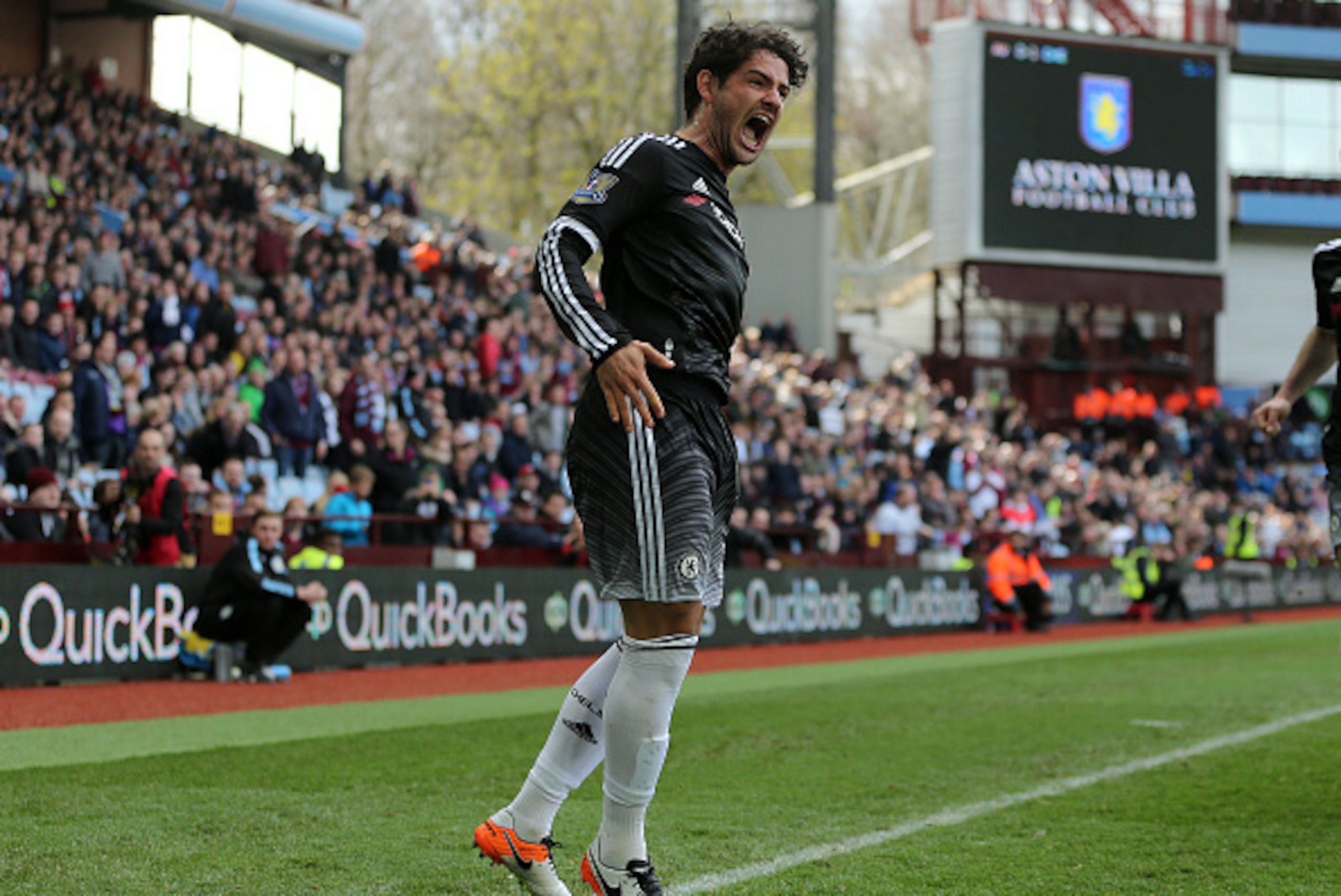 BIRMINGHAM, ENGLAND - APRIL 02: Alexandre Pato of Chelsea celebrates after scoring a goal to make it 0-2 during the Barclays Premier League match between Aston Villa and Chelsea at Villa Park on April 2, 2016 in Birmingham, England. (Photo by James Baylis