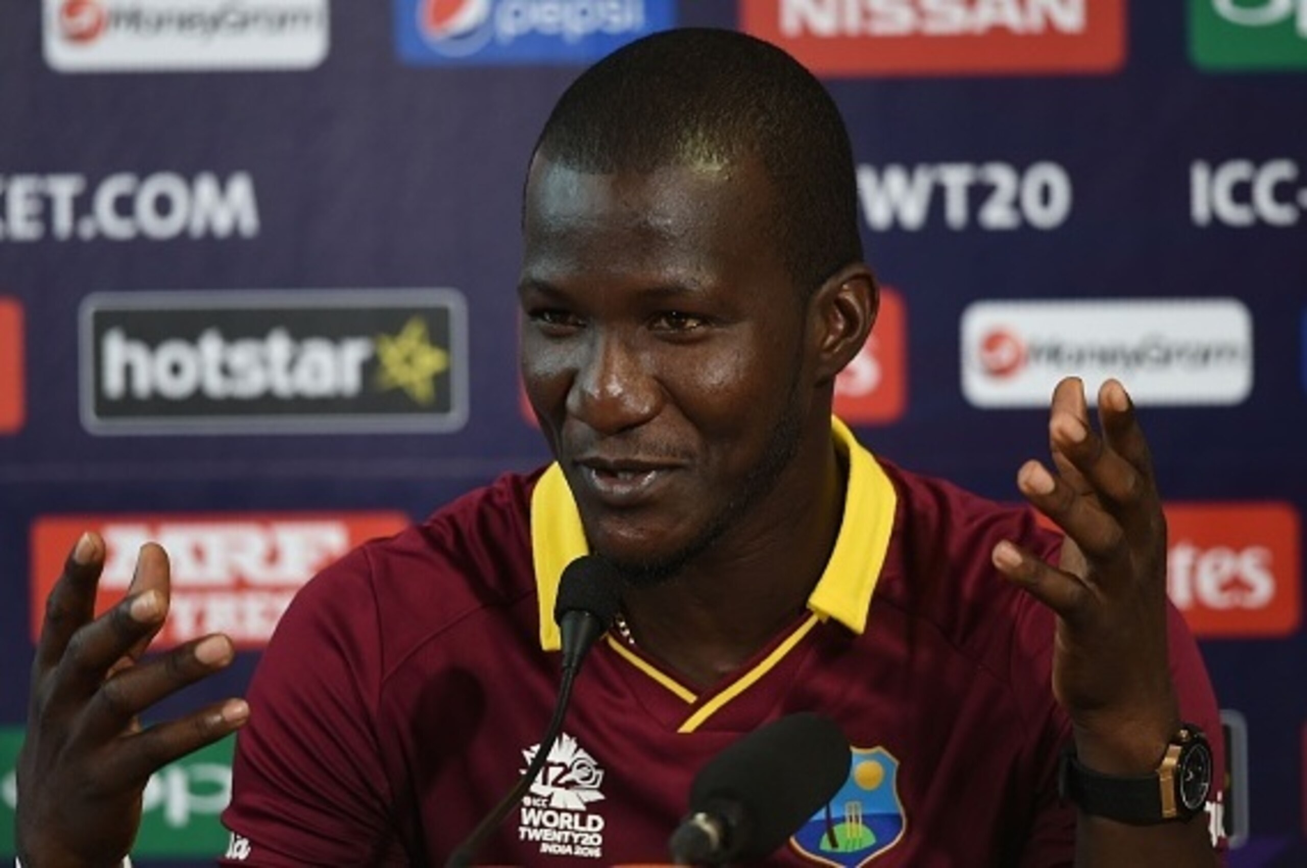 West Indies's captain Darren Sammy attends a pre-match press conference for the World T20 cricket tournament final at the Eden Gardens stadium in Kolkata on April 2, 2016.
England play West Indies in the final match of ICC World T20 2016 tournament on Apr
