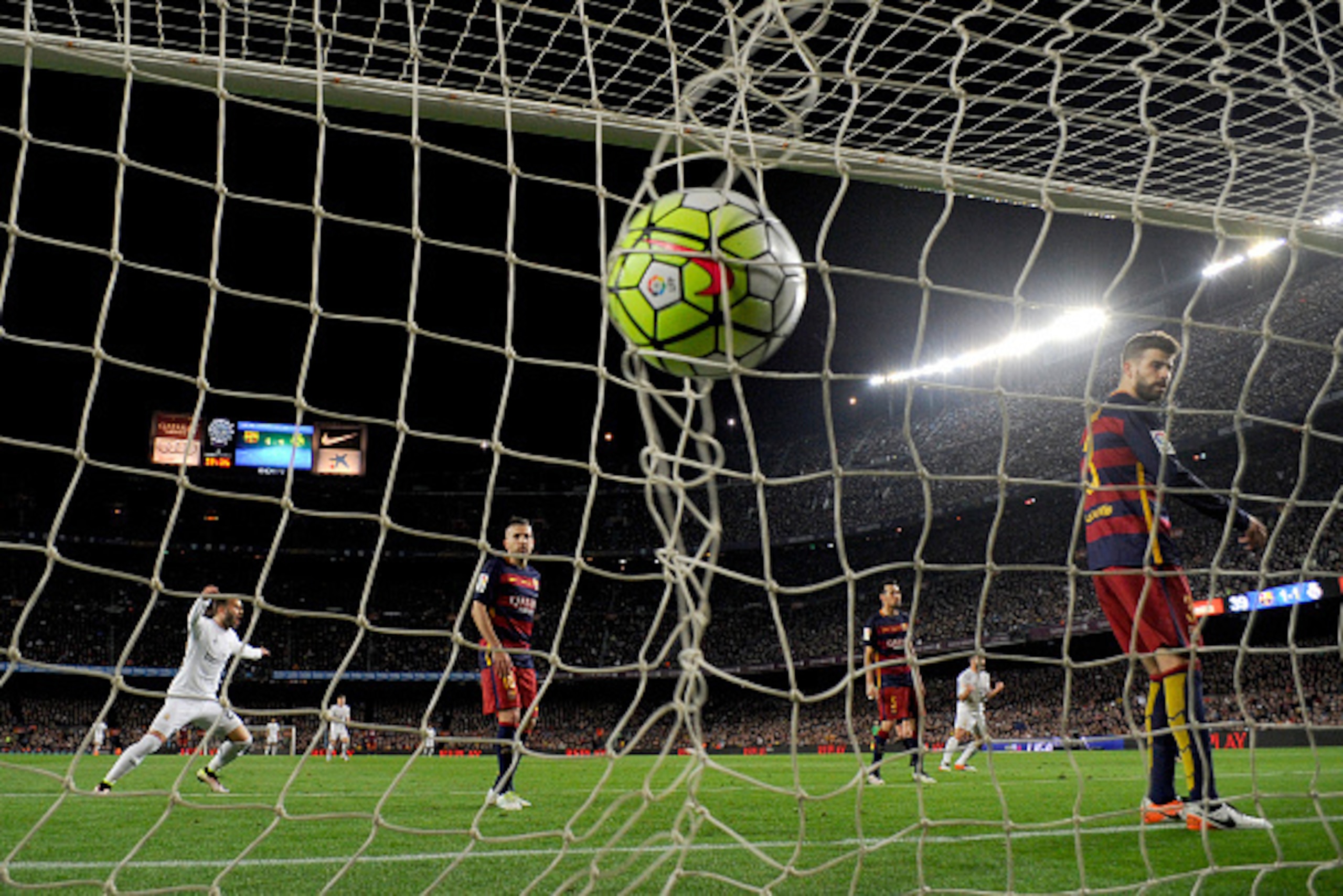 BARCELONA, SPAIN - APRIL 02:  Cristiano Ronaldo (not pictured) of Real Madrid CF scores his team's second goal during the La Liga match between FC Barcelona and Real Madrid CF at Camp Nou on April 2, 2016 in Barcelona, Spain.  (Photo by Alex Caparros/Gett