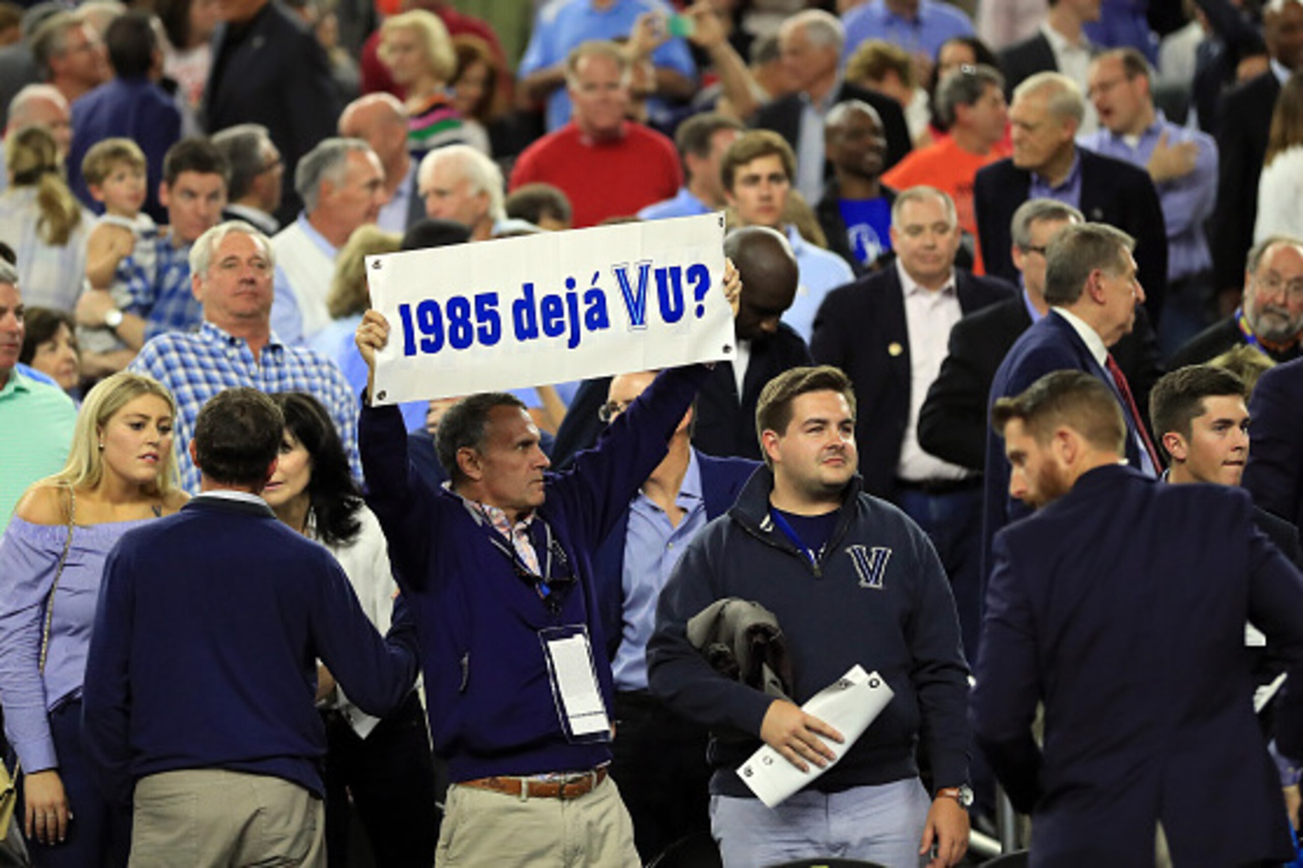 HOUSTON, TEXAS - APRIL 02:  A Villanova Wildcats fan holds a sign during the NCAA Men's Final Four Semifinal between the Villanova Wildcats and the Oklahoma Sooners at NRG Stadium on April 2, 2016 in Houston, Texas.  (Photo by Ronald Martinez/Getty Images