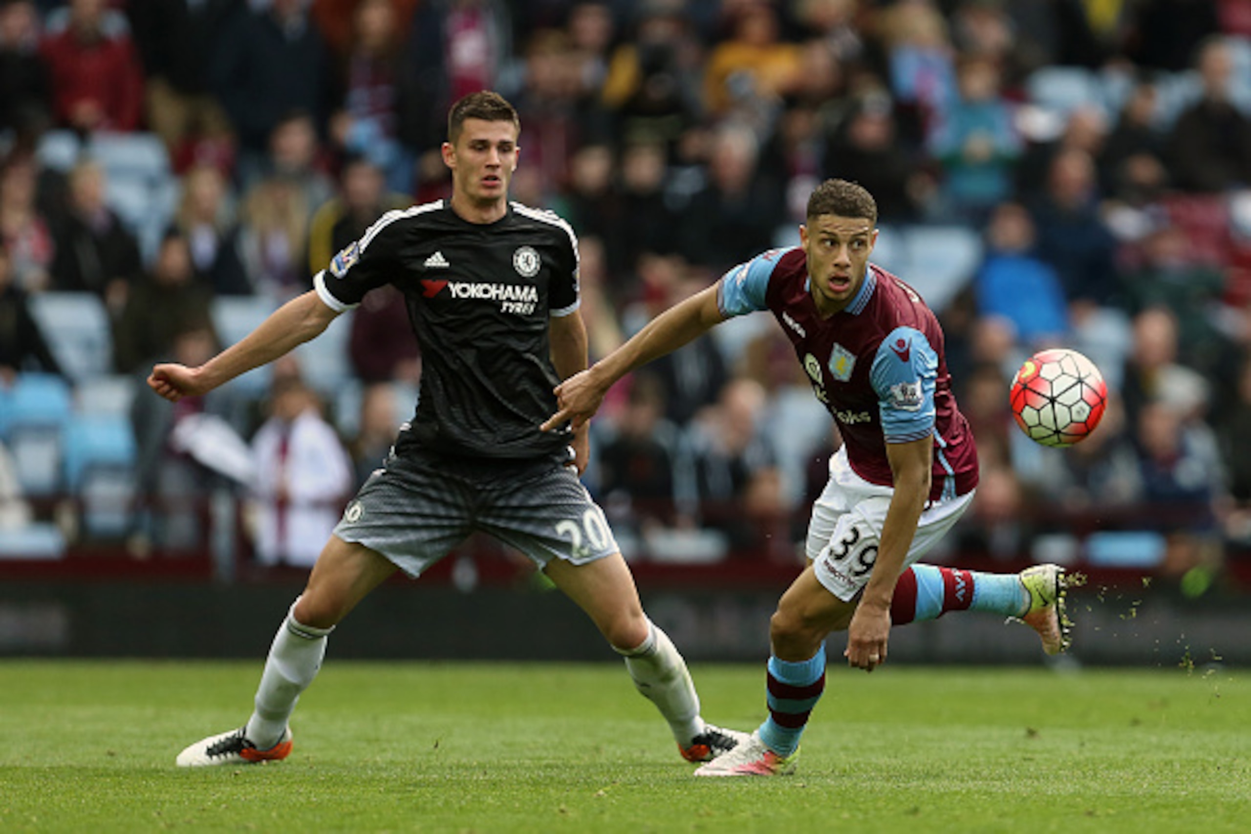 BIRMINGHAM, ENGLAND - APRIL 02:  Matt Miazga of Chelsea and Rudy Gestede of Aston Villa during the Barclays Premier League match between Aston Villa and Chelsea at Villa Park on April 2, 2016 in Birmingham, England. (Photo by James Baylis - AMA/Getty Imag