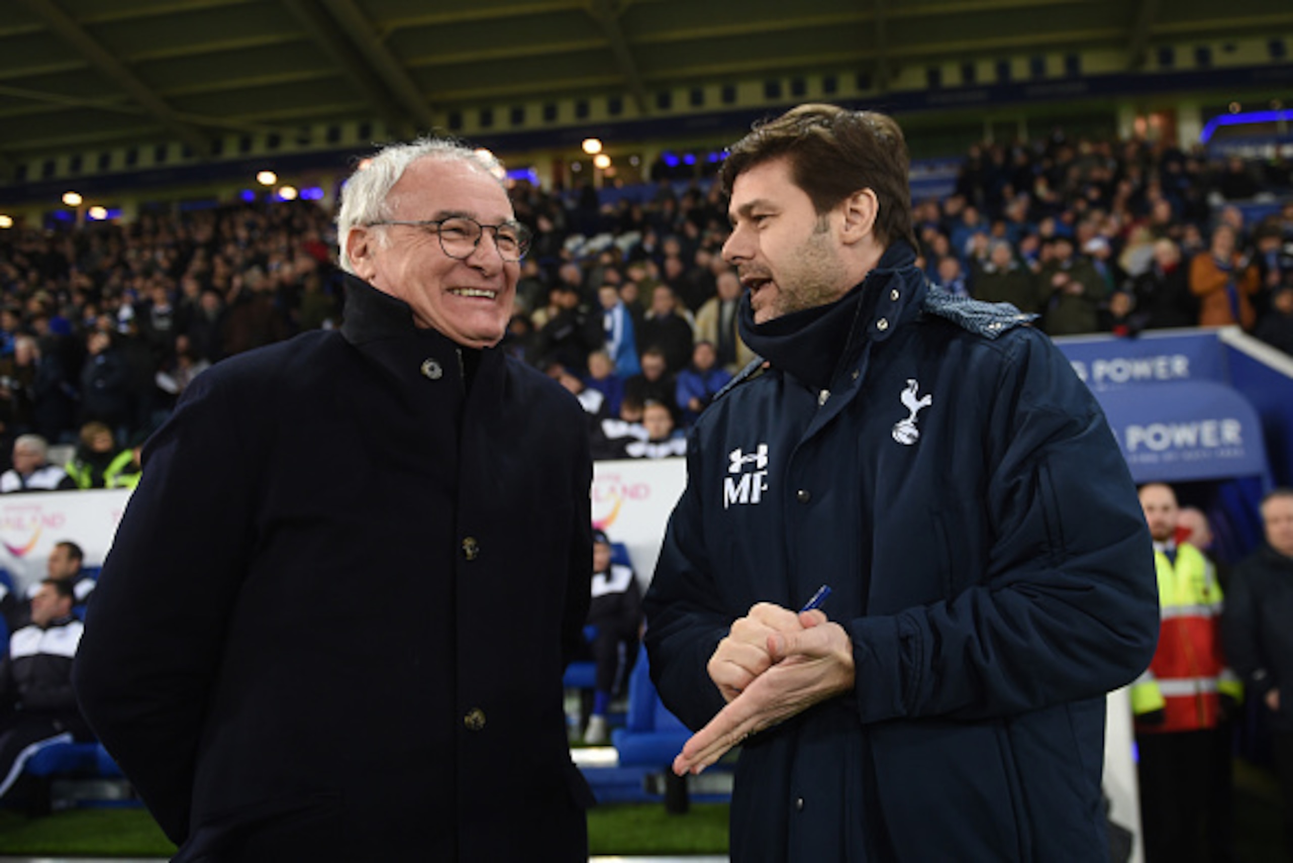LEICESTER, ENGLAND - JANUARY 20:  Claudio Ranieri the manager of Leicester City greets Mauricio Pochettino the manager of Spurs prior to kickoff during the Emirates FA Cup Third Round Replay match between Leicester City and Tottenham Hotspur at The King P
