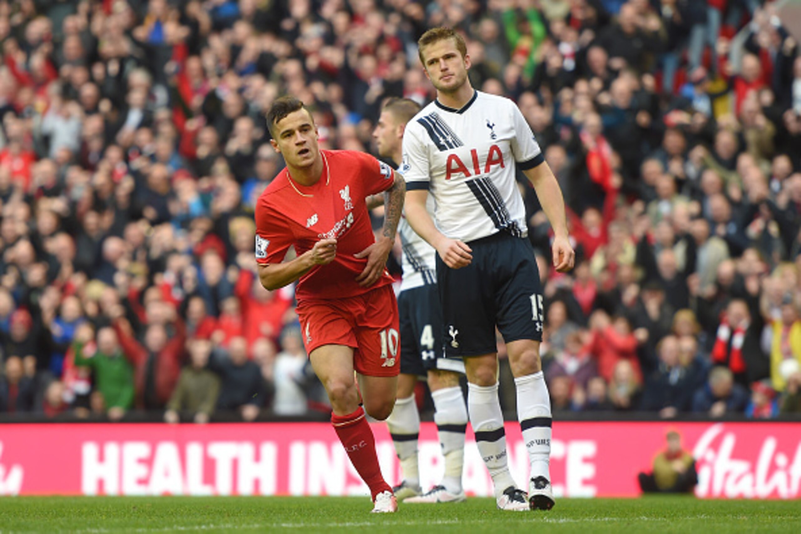 LIVERPOOL, ENGLAND - APRIL 02:  Philippe Coutinho of Liverpool celebrates scoring his team's first goal during the Barclays Premier League match between Liverpool and Tottenham Hotspur at Anfield on April 2, 2016 in Liverpool, England.  (Photo by Michael 