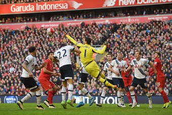 LIVERPOOL, ENGLAND - APRIL 02: Hugo Lloris of Tottenham Hotspur punches the ball during the Barclays Premier League match between Liverpool and Tottenham Hotspur at Anfield on April 2, 2016 in Liverpool, England.  (Photo by Michael Regan/Getty Images)