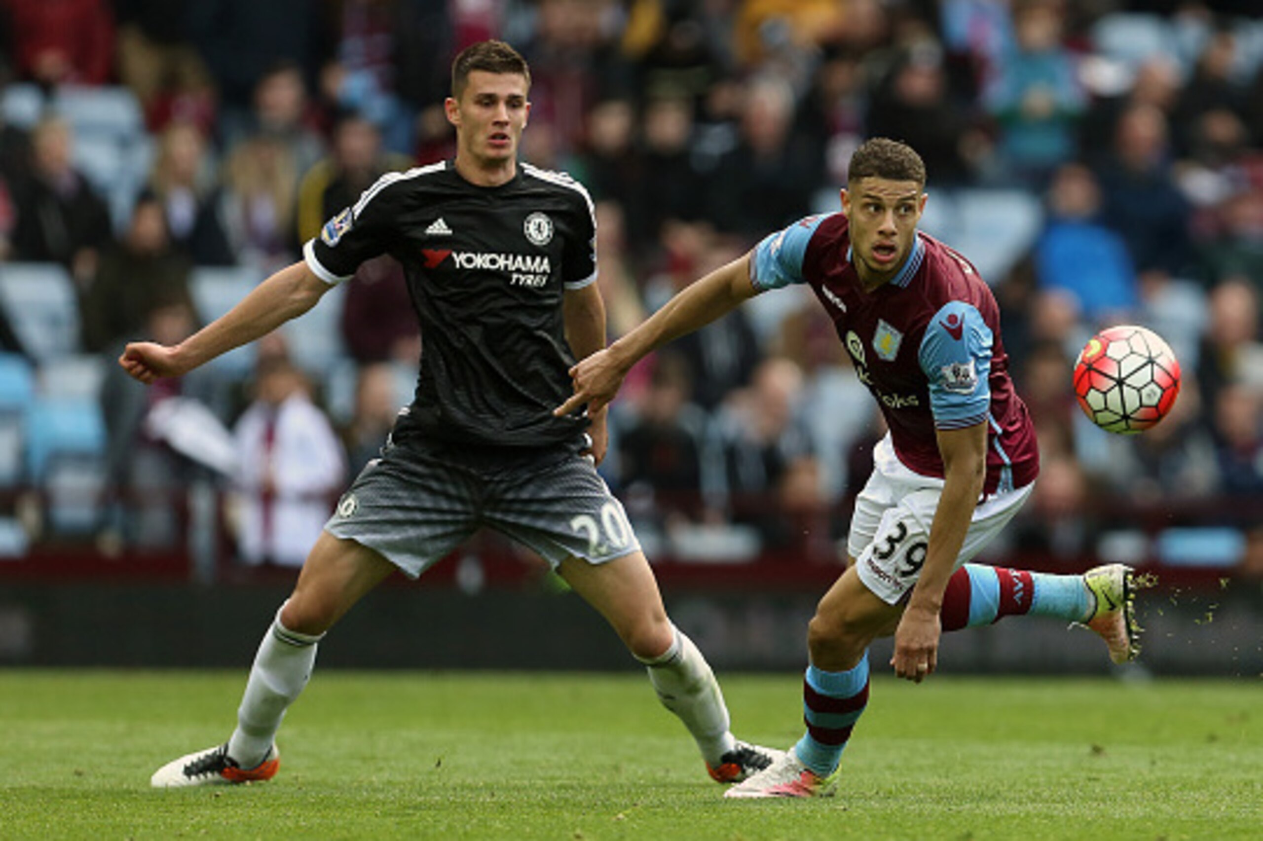 BIRMINGHAM, ENGLAND - APRIL 02:  Matt Miazga of Chelsea and Rudy Gestede of Aston Villa during the Barclays Premier League match between Aston Villa and Chelsea at Villa Park on April 2, 2016 in Birmingham, England. (Photo by James Baylis - AMA/Getty Imag