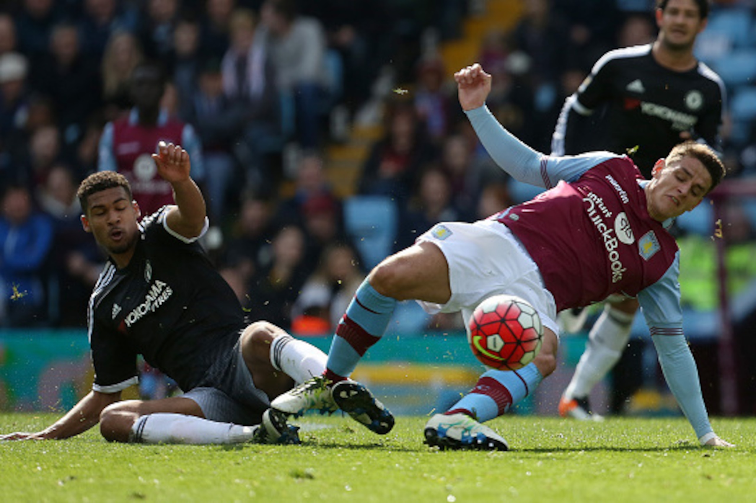 BIRMINGHAM, ENGLAND - APRIL 02: Ashley Westwood of Aston Villa and Ruben Loftus-Cheek of Chelsea during the Barclays Premier League match between Aston Villa and Chelsea at Villa Park on April 2, 2016 in Birmingham, England. (Photo by James Baylis - AMA/G