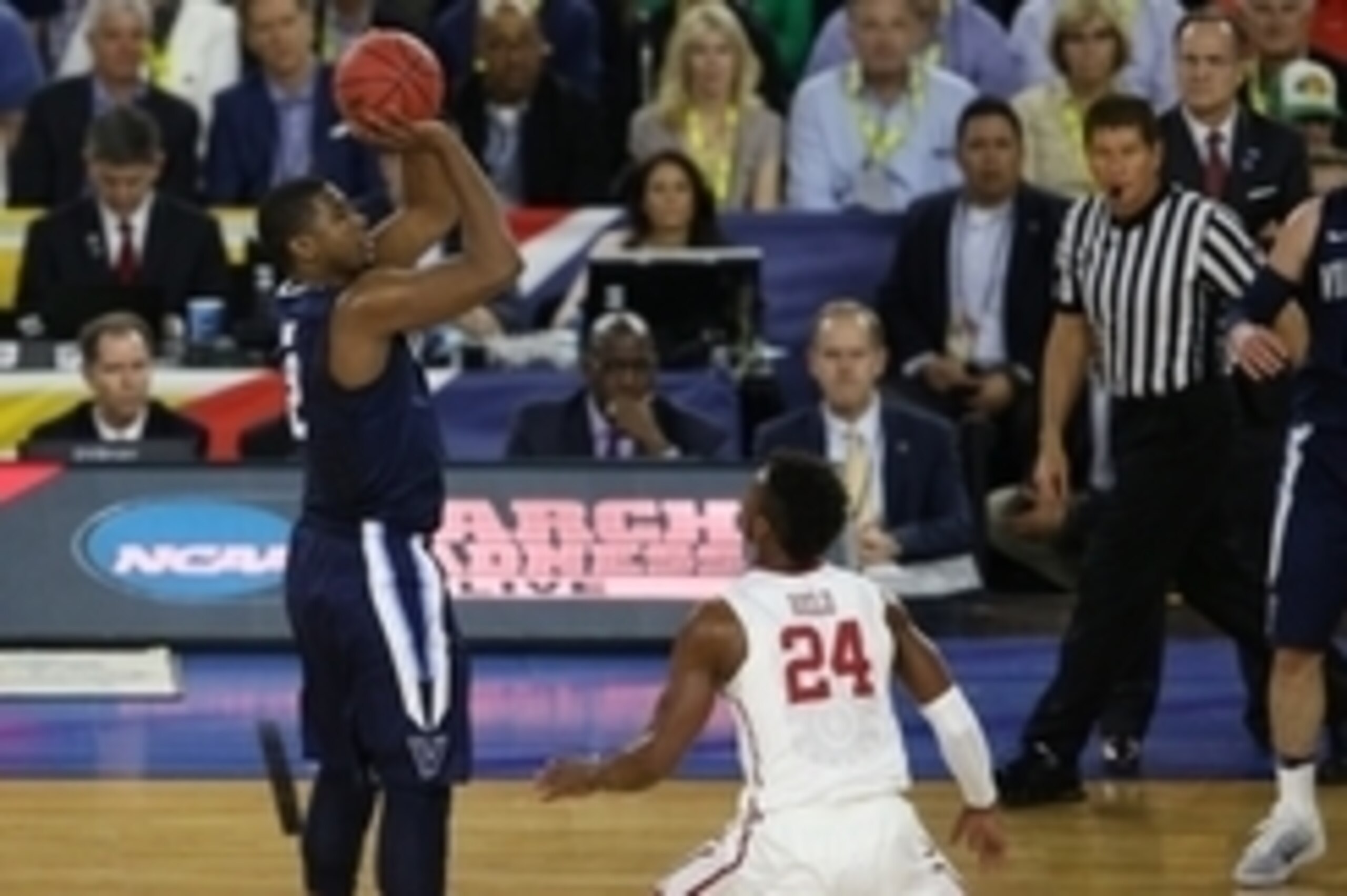 Apr 2, 2016; Houston, TX, USA; Villanova Wildcats forward Kris Jenkins (2) shoots over Oklahoma Sooners guard Buddy Hield (24) during the first half in the 2016 NCAA Men's Division I Championship semi-final game at NRG Stadium. Mandatory Credit: Troy Taor