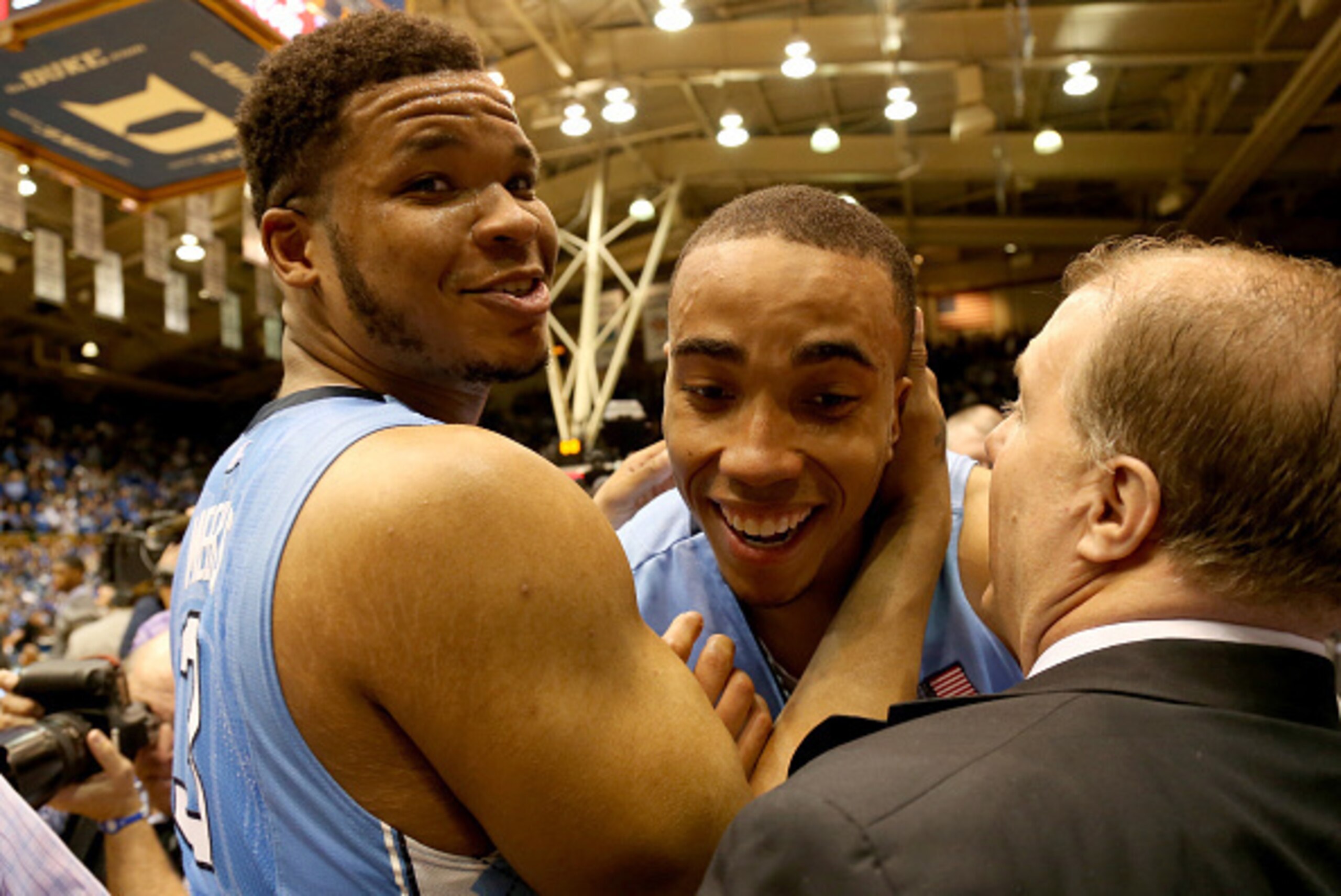 DURHAM, NC - MARCH 05:  Teammates Kennedy Meeks #3 and Brice Johnson #11 of the North Carolina Tar Heels celebrate after defeating the Duke Blue Devils 76-72 at Cameron Indoor Stadium on March 5, 2016 in Durham, North Carolina.  (Photo by Streeter Lecka/G