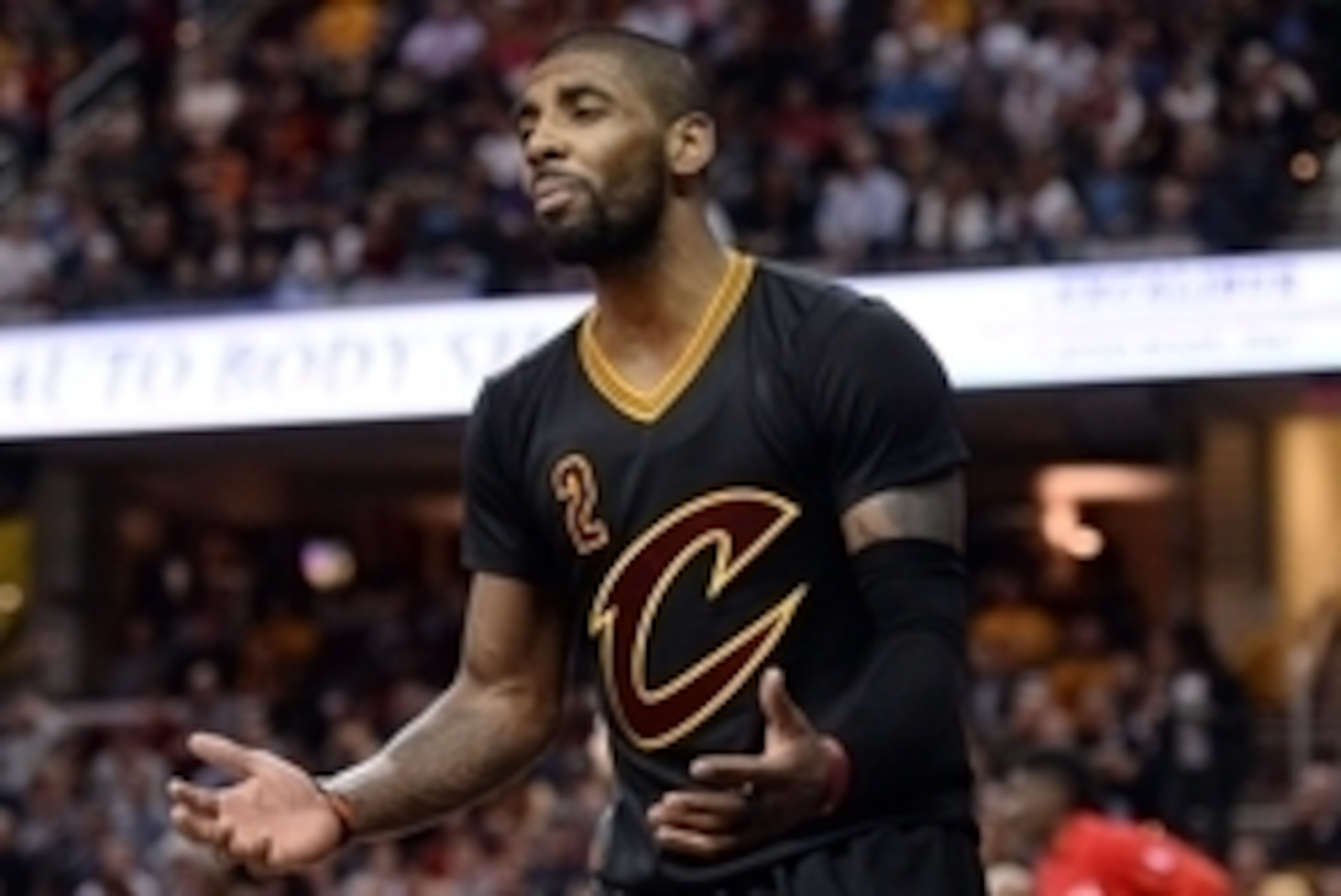 Mar 29, 2016; Cleveland, OH, USA; Cleveland Cavaliers guard Kyrie Irving (2) complains about a call during the second half against the Houston Rockets at Quicken Loans Arena. The Rockets won 106-100. Mandatory Credit: Ken Blaze-USA TODAY Sports