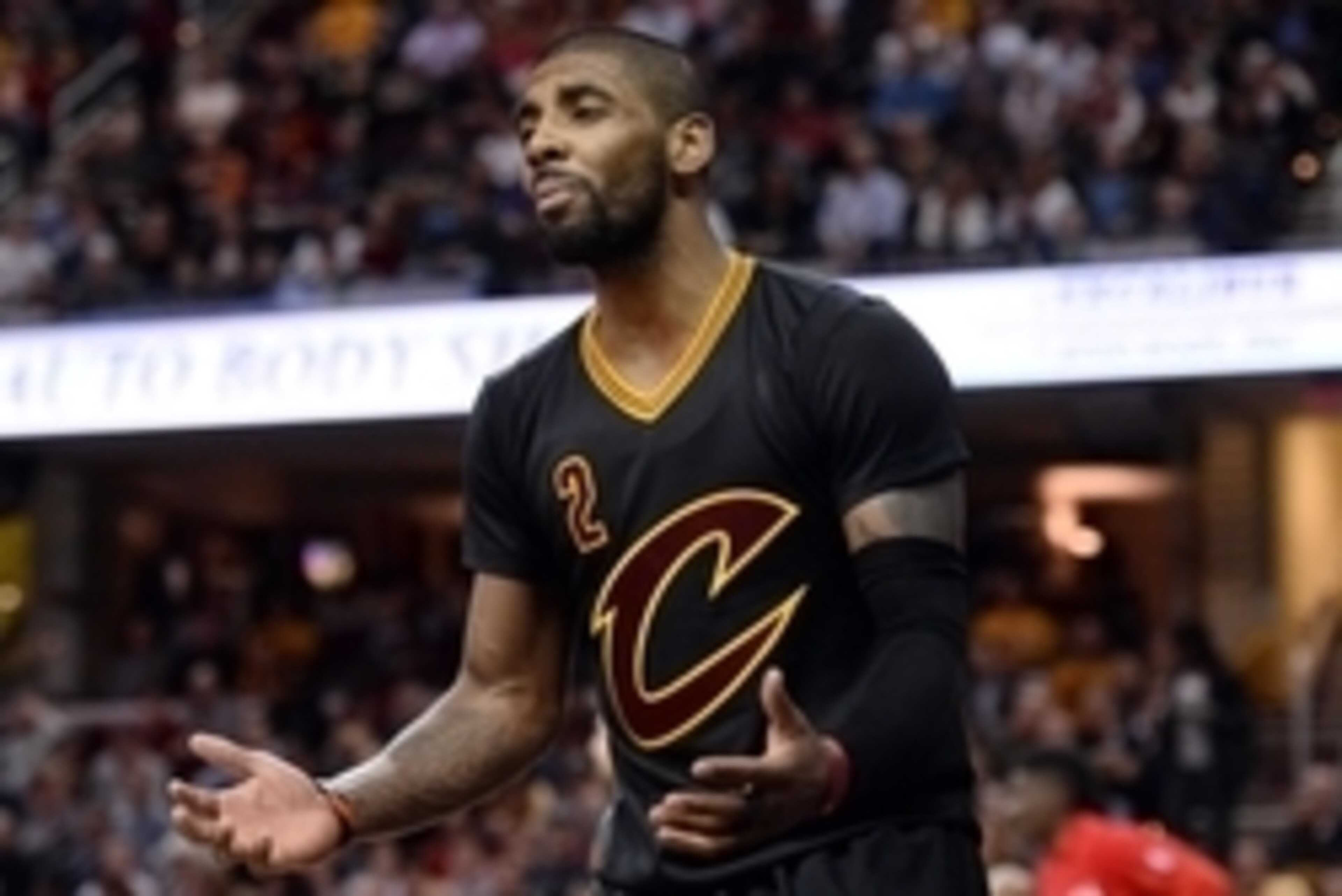 Mar 29, 2016; Cleveland, OH, USA; Cleveland Cavaliers guard Kyrie Irving (2) complains about a call during the second half against the Houston Rockets at Quicken Loans Arena. The Rockets won 106-100. Mandatory Credit: Ken Blaze-USA TODAY Sports Mar 29, 2016; Cleveland, OH, USA; Cleveland Cavaliers guard Kyrie Irving (2) complains about a call during the second half against the Houston Rockets at Quicken Loans Arena. The Rockets won 106-100. Mandatory Credit: Ken Blaze-USA TODAY Sports