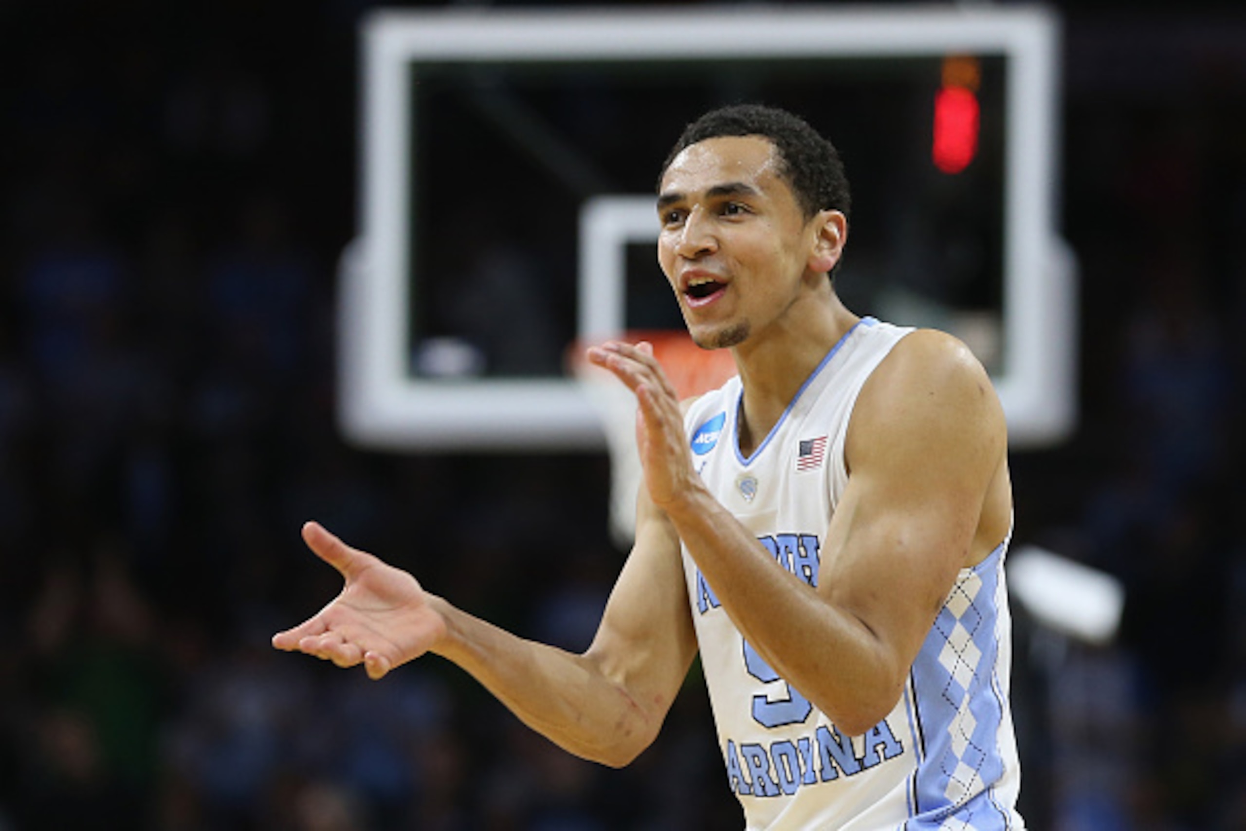 PHILADELPHIA, PA - MARCH 27:  Marcus Paige #5 of the North Carolina Tar Heels reacts against the Notre Dame Fighting Irish during the 2016 NCAA Men's Basketball Tournament East Regional Final at Wells Fargo Center on March 27, 2016 in Philadelphia, Pennsy