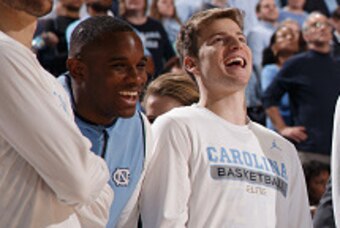CHAPEL HILL, NC - JANUARY 02: Kennedy Meeks #3 of the North Carolina Tar Heels smiles from the bench while his team plays against the Georgia Tech Yellow Jackets on January 02, 2016 at the Dean E. Smith Center in Chapel Hill, North Carolina. North Carolin