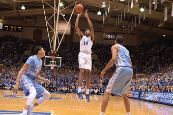 DURHAM, NC - MARCH 05: Brandon Ingram #14 of the Duke Blue Devils puts up a shot against the North Carolina Tar Heels at Cameron Indoor Stadium on March 5, 2016 in Durham, North Carolina. (Photo by Lance King/Getty Images)