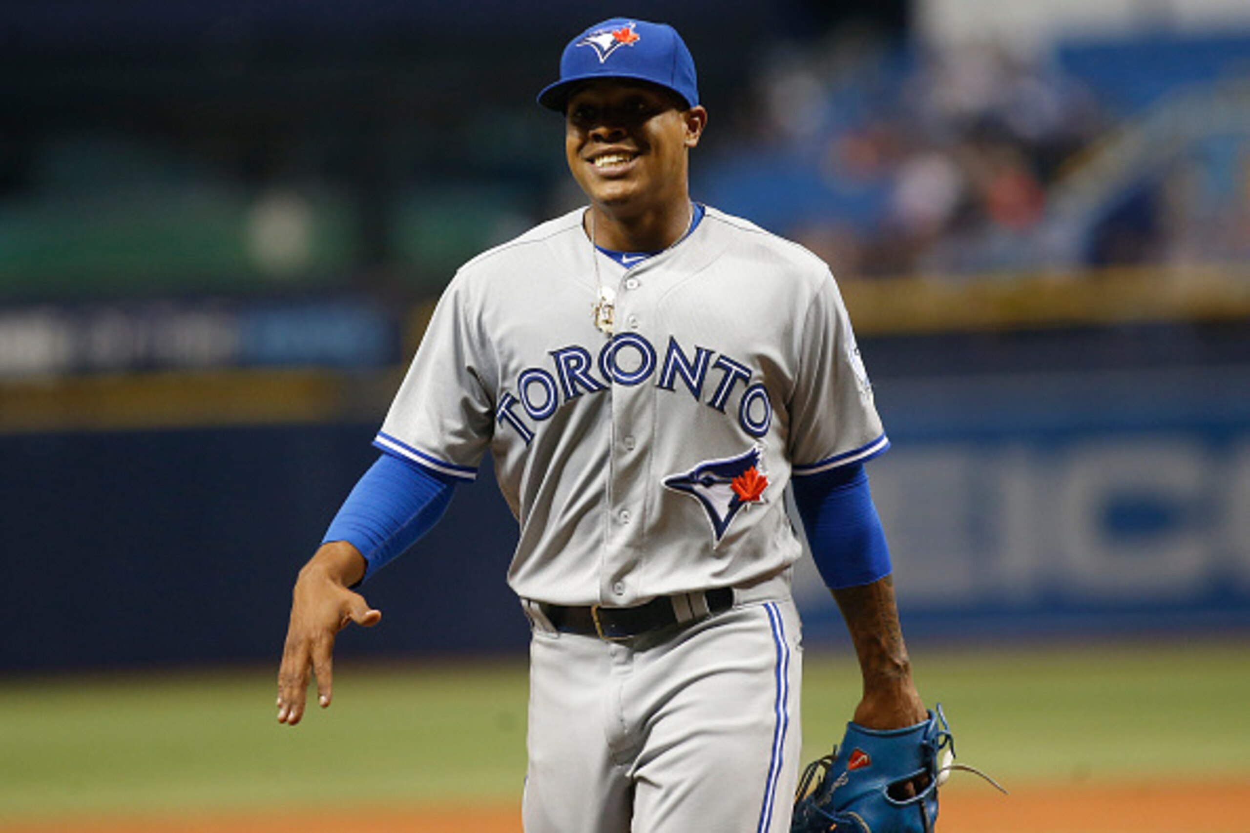 ST. PETERSBURG, FL - APRIL 3:  Pitcher Marcus Stroman #6 of the Toronto Blue Jays walks to the dugout after being taken off the mound by manager John Gibbons during the ninth inning of a game on April 3, 2016 at Tropicana Field in St. Petersburg, Florida.