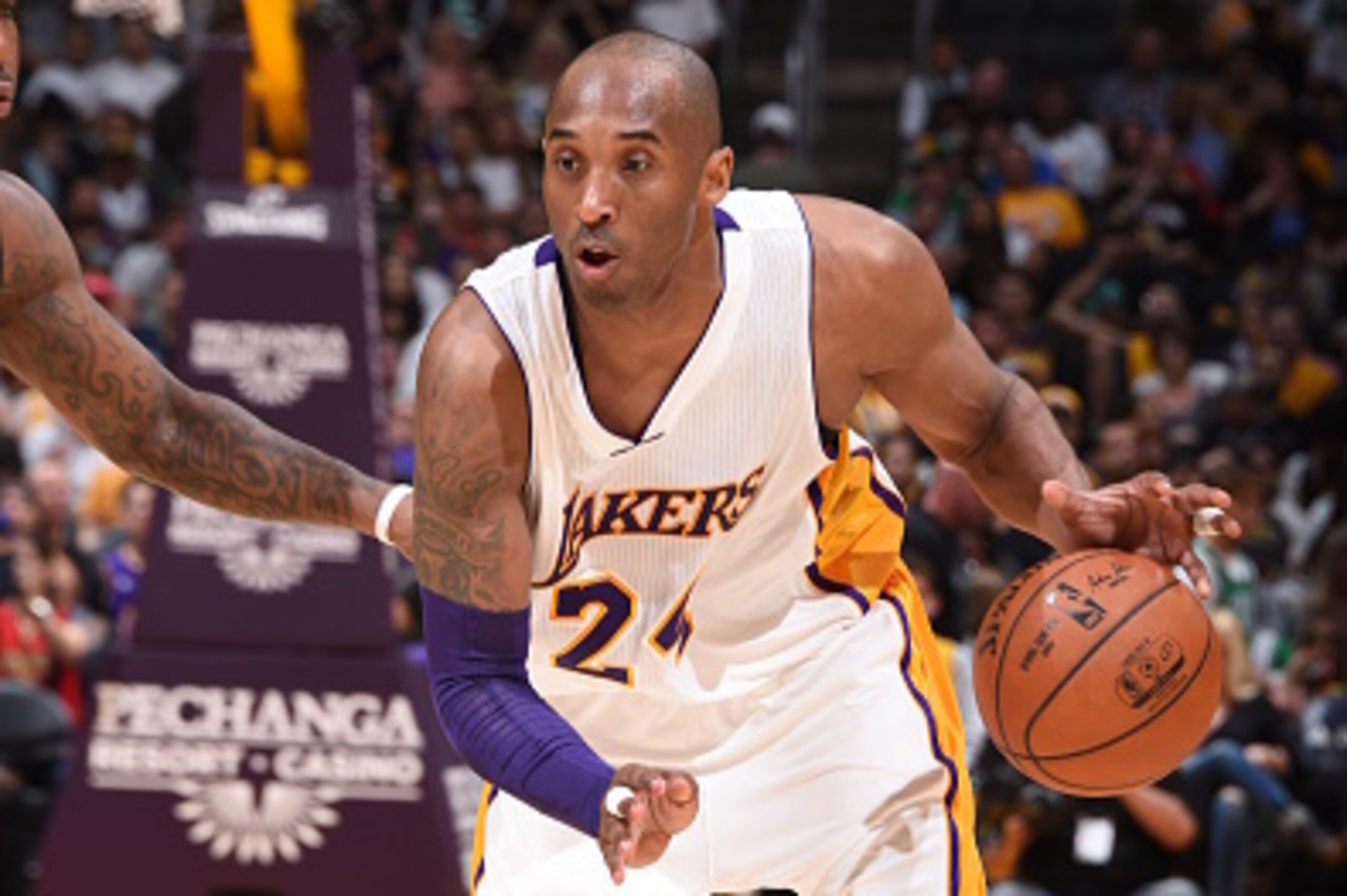 LOS ANGELES, CA - APRIL 3:  Kobe Bryant #24 of the Los Angeles Lakers drives to the basket against the Boston Celtics on April 3, 2016 at STAPLES Center in Los Angeles, California. NOTE TO USER: User expressly acknowledges and agrees that, by downloading 