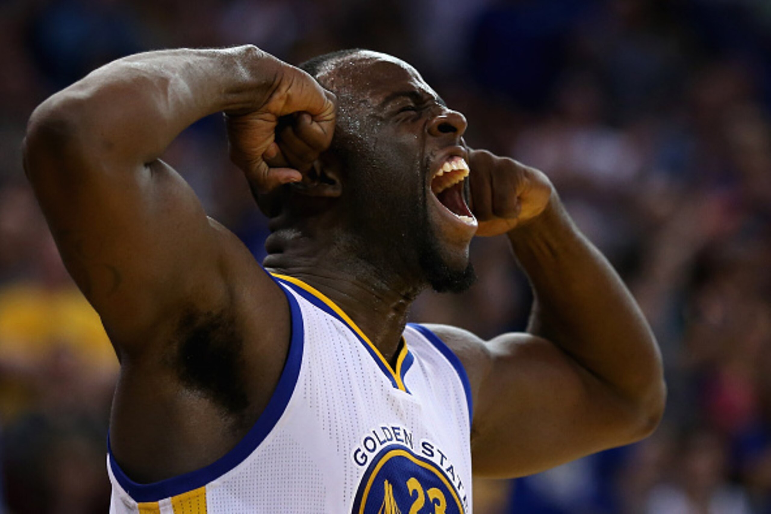 OAKLAND, CA - APRIL 03:  Draymond Green #23 of the Golden State Warriors reacts after he made a basket and was fouled during their game against the Portland Trail Blazers at ORACLE Arena on April 3, 2016 in Oakland, California. NOTE TO USER: User expressl