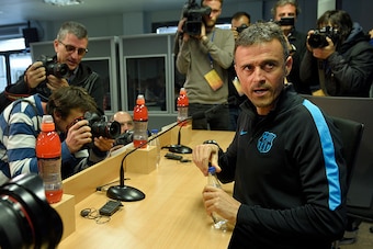 Barcelona's coach Luis Enrique speaks upon his arrival for a press conference at the Sports Center FC Barcelona Joan Gamper in Sant Joan Despi, near Barcelona on April 4, 2016, on the eve of the UEFA Champions League quarter finals first leg football matc