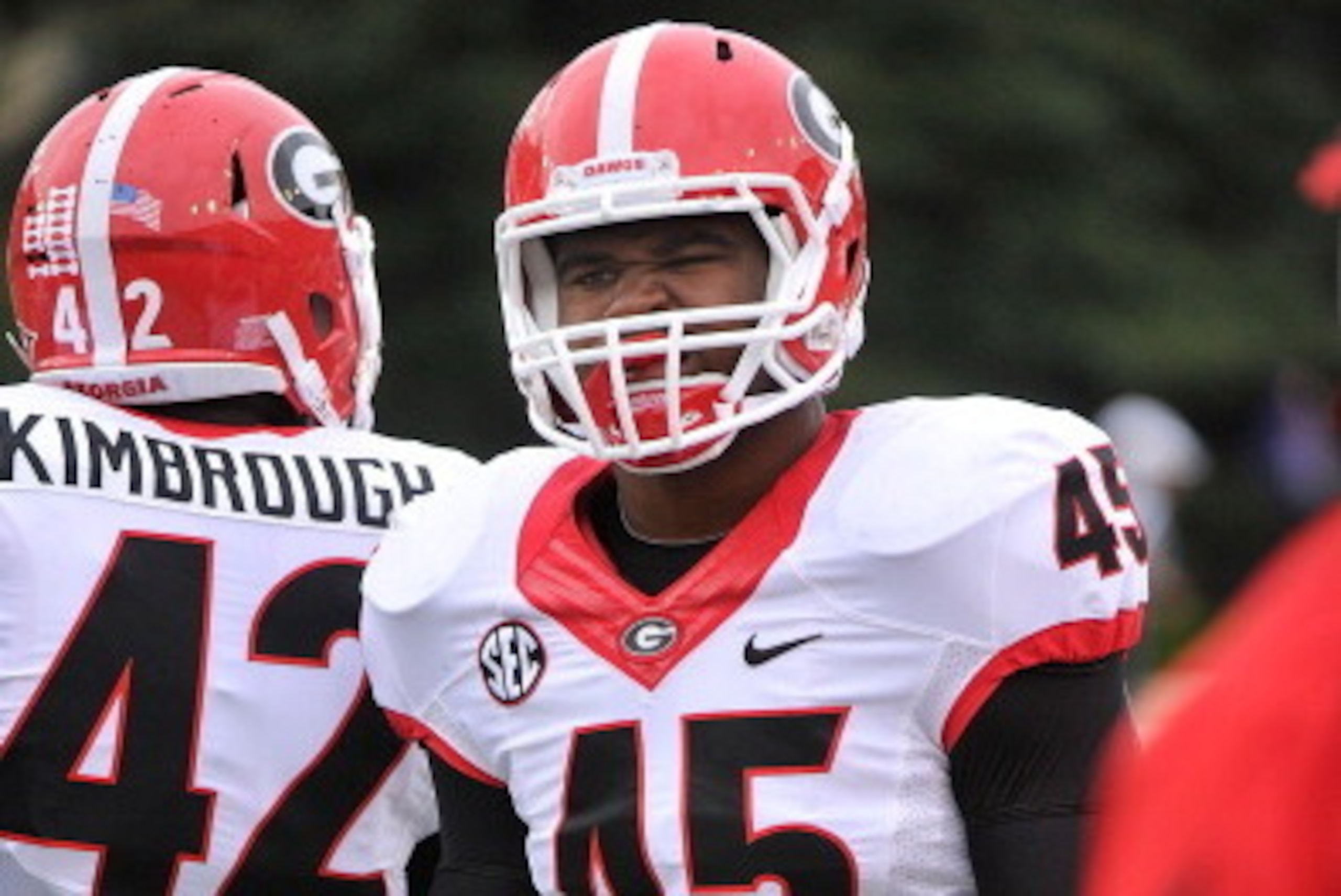 NASHVILLE, TN - OCTOBER 19: Reggie Carter #45 of the Georgia Bulldogs watches from the sideline during a game against the Vanderbilt Commodores at Vanderbilt Stadium on October 19, 2013 in Nashville, Tennessee. (Photo by Frederick Breedon/Getty Images)