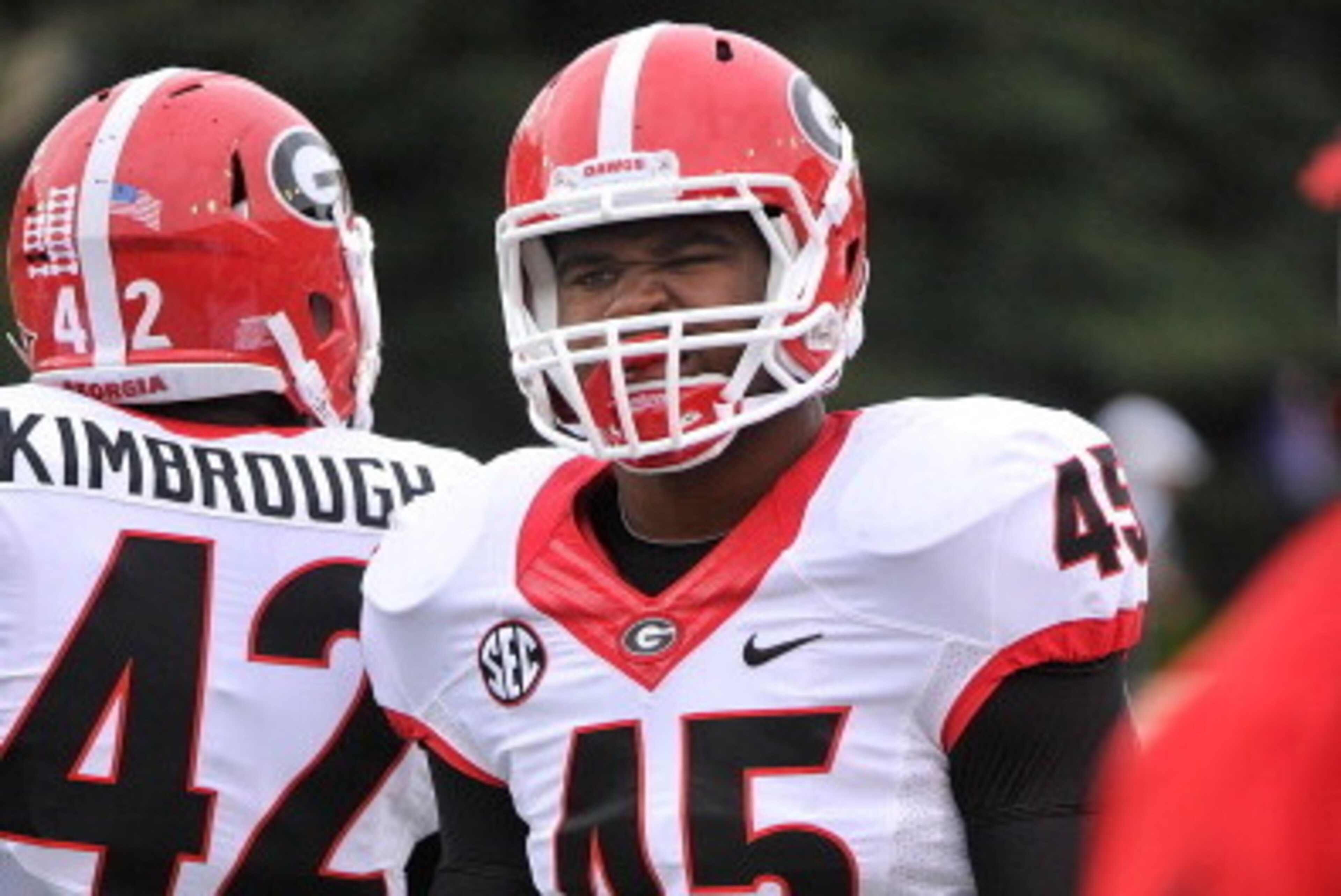NASHVILLE, TN - OCTOBER 19: Reggie Carter #45 of the Georgia Bulldogs watches from the sideline during a game against the Vanderbilt Commodores at Vanderbilt Stadium on October 19, 2013 in Nashville, Tennessee. (Photo by Frederick Breedon/Getty Images)