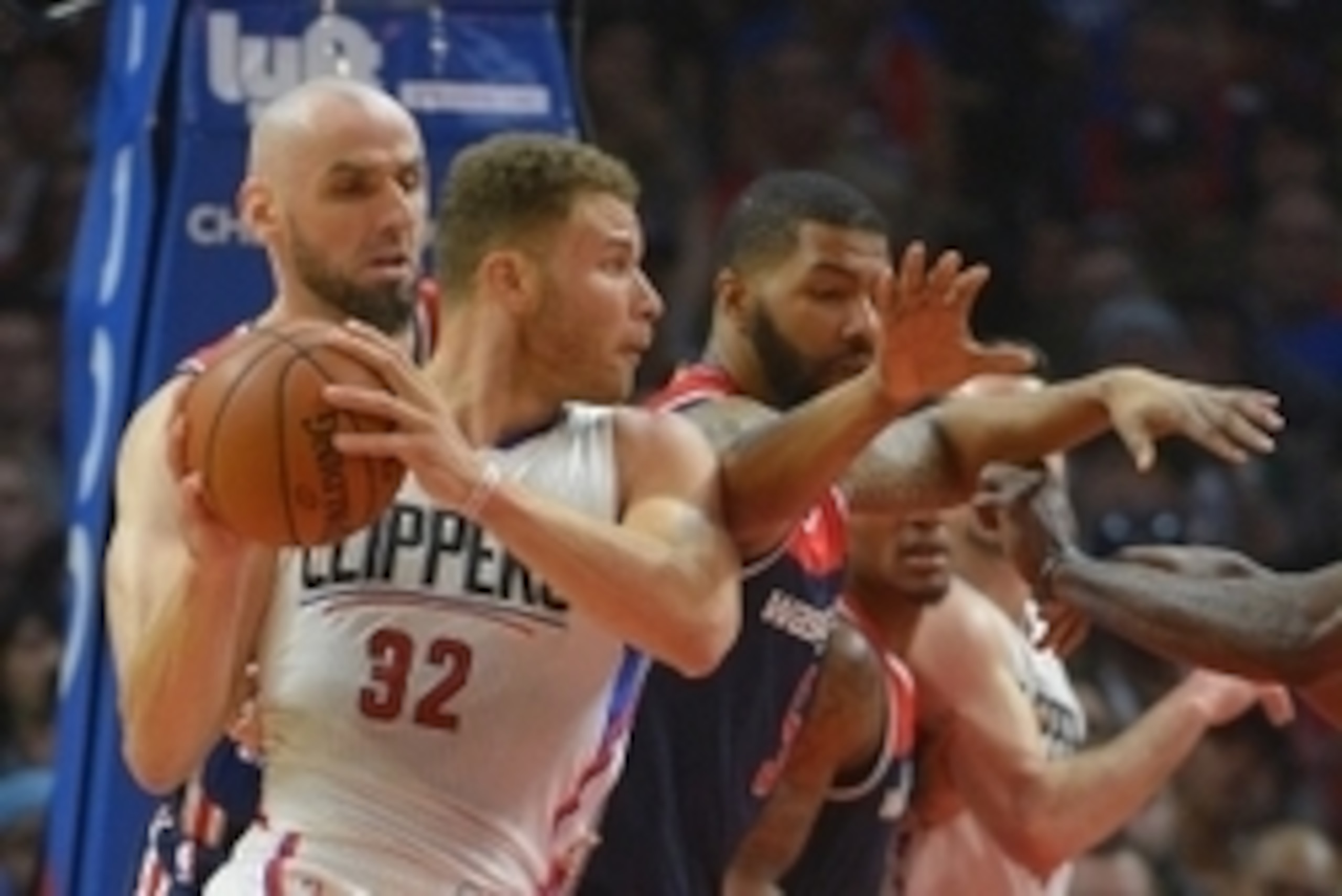 Apr 3, 2016; Los Angeles, CA, USA; Los Angeles Clippers forward Blake Griffin (32) is guarded by Washington Wizards forward Markieff Morris (5) and center Marcin Gortat (13) in the first quarter of the game at Staples Center. Mandatory Credit: Jayne Kami Apr 3, 2016; Los Angeles, CA, USA; Los Angeles Clippers forward Blake Griffin (32) is guarded by Washington Wizards forward Markieff Morris (5) and center Marcin Gortat (13) in the first quarter of the game at Staples Center. Mandatory Credit: Jayne Kami