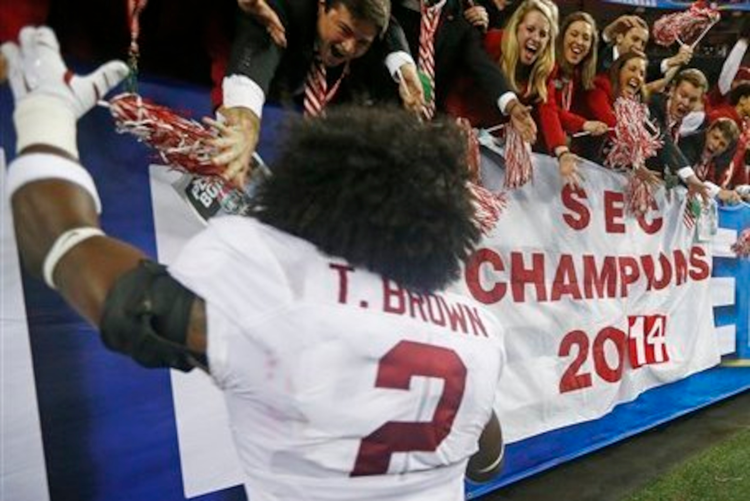 Tony Brown, here celebrating at the SEC Championship Game, appears to be facing an indefinite suspension.