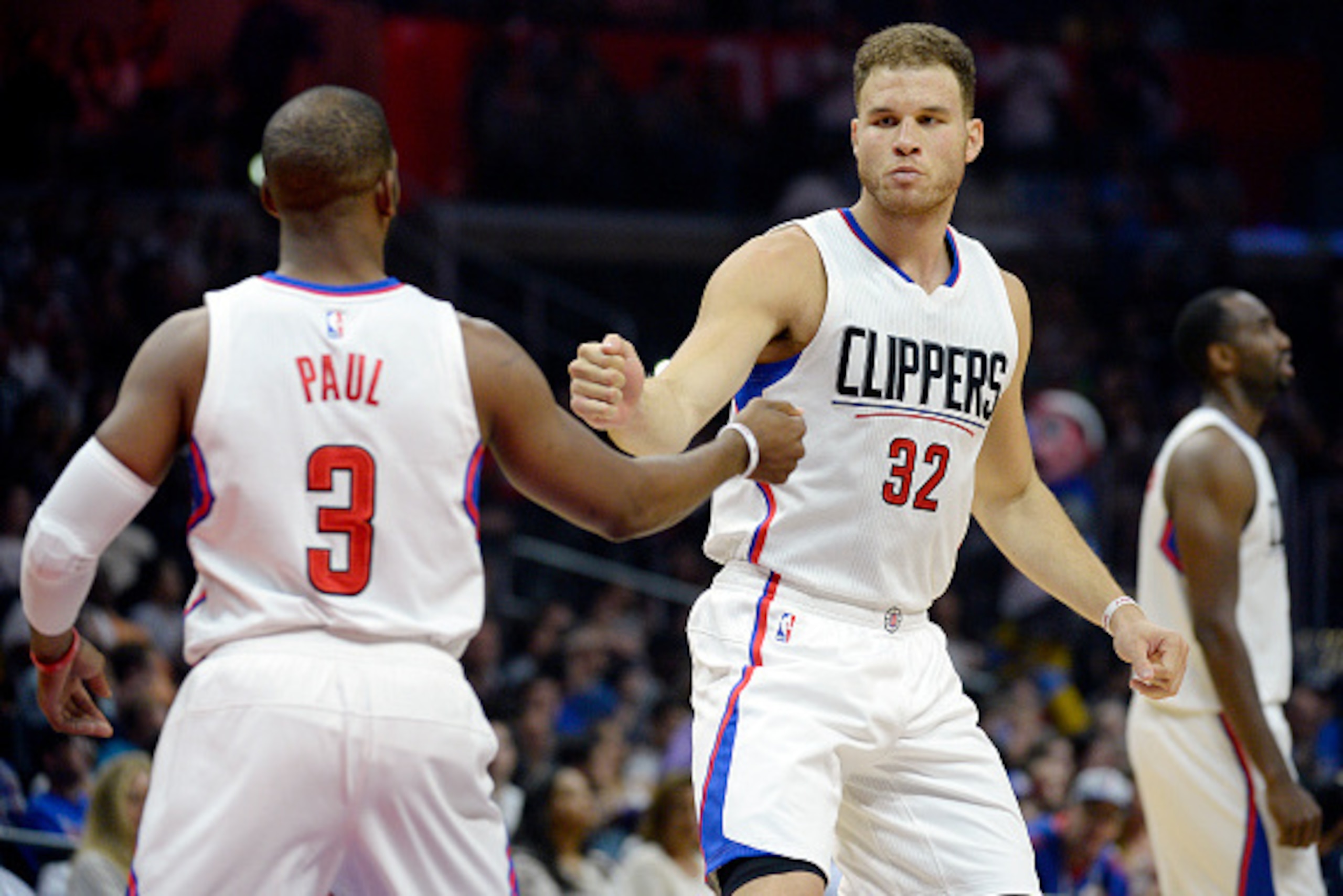 LOS ANGELES, CA - APRIL 3: Blake Griffin #32 of the Los Angeles Clippers pumps fists with Chris Paul #3 as he starts the basketball game against The Washington Wizards at Staples Center April 3, 2016, in Los Angeles, California. Griffin rejoined the Clipp LOS ANGELES, CA - APRIL 3: Blake Griffin #32 of the Los Angeles Clippers pumps fists with Chris Paul #3 as he starts the basketball game against The Washington Wizards at Staples Center April 3, 2016, in Los Angeles, California. Griffin rejoined the Clipp