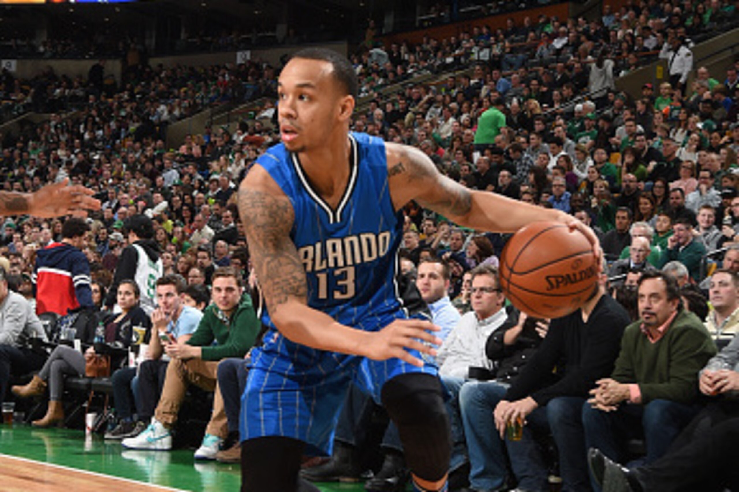 BOSTON, MA - JANUARY 29: Shabazz Napier #13 of the Orlando Magic handles the ball against the Boston Celtics on January 29, 2016 at the TD Garden in Boston, Massachusetts.  NOTE TO USER: User expressly acknowledges and agrees that, by downloading and or u
