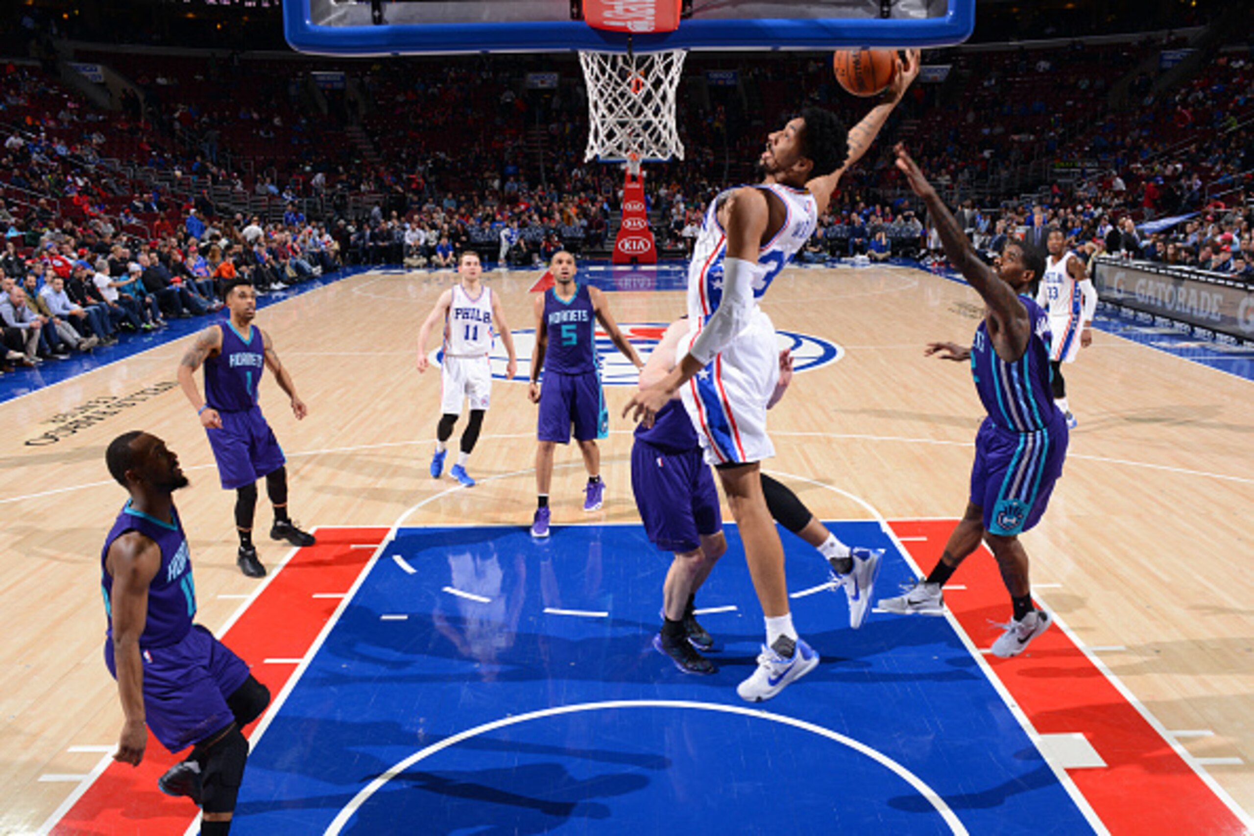 PHILADELPHIA,PA - MARCH 29: Christian Wood #35 of the Philadelphia 76ers dunks the ball against the Charlotte Hornets at Wells Fargo Center on March 29, 2016 in Philadelphia, Pennsylvania NOTE TO USER: User expressly acknowledges and agrees that, by downl