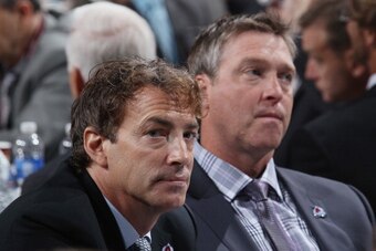 NEWARK, NJ - JUNE 30: Joe Sakic and Patrick Roy of the Colorado Avalanche attend the 2013 NHL Draft at the Prudential Center on June 30, 2013 in Newark, New Jersey.  (Photo by Bruce Bennett/Getty Images)
