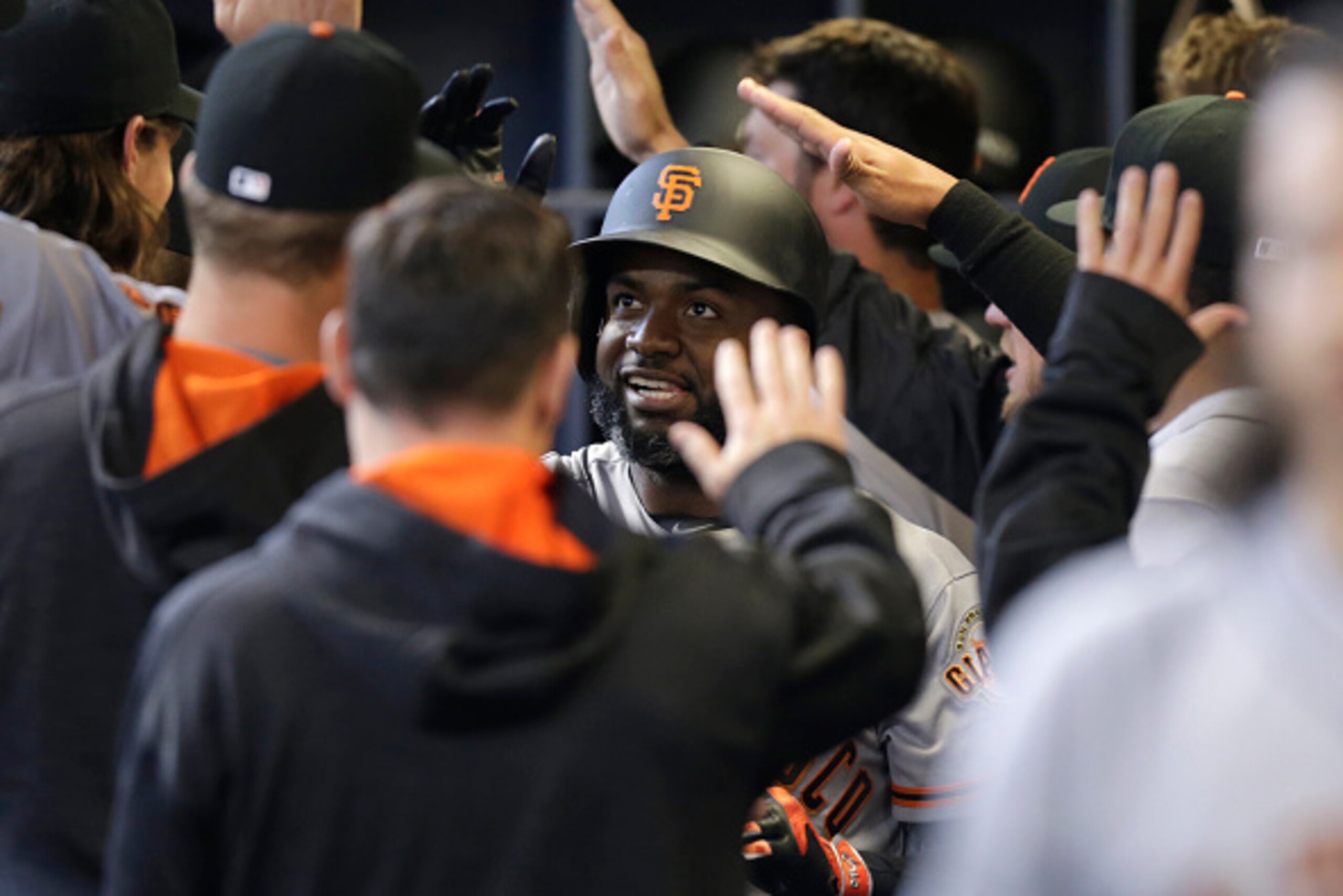 MILWAUKEE, WI - APRIL 04:  Denard Span #2 of the San Francisco Giants celebrates after hitting a three-run homer in the eighth inning against the Milwaukee Brewers on Opening Day at Miller Park on April 04, 2016 in Milwaukee, Wisconsin. (Photo by Mike McG