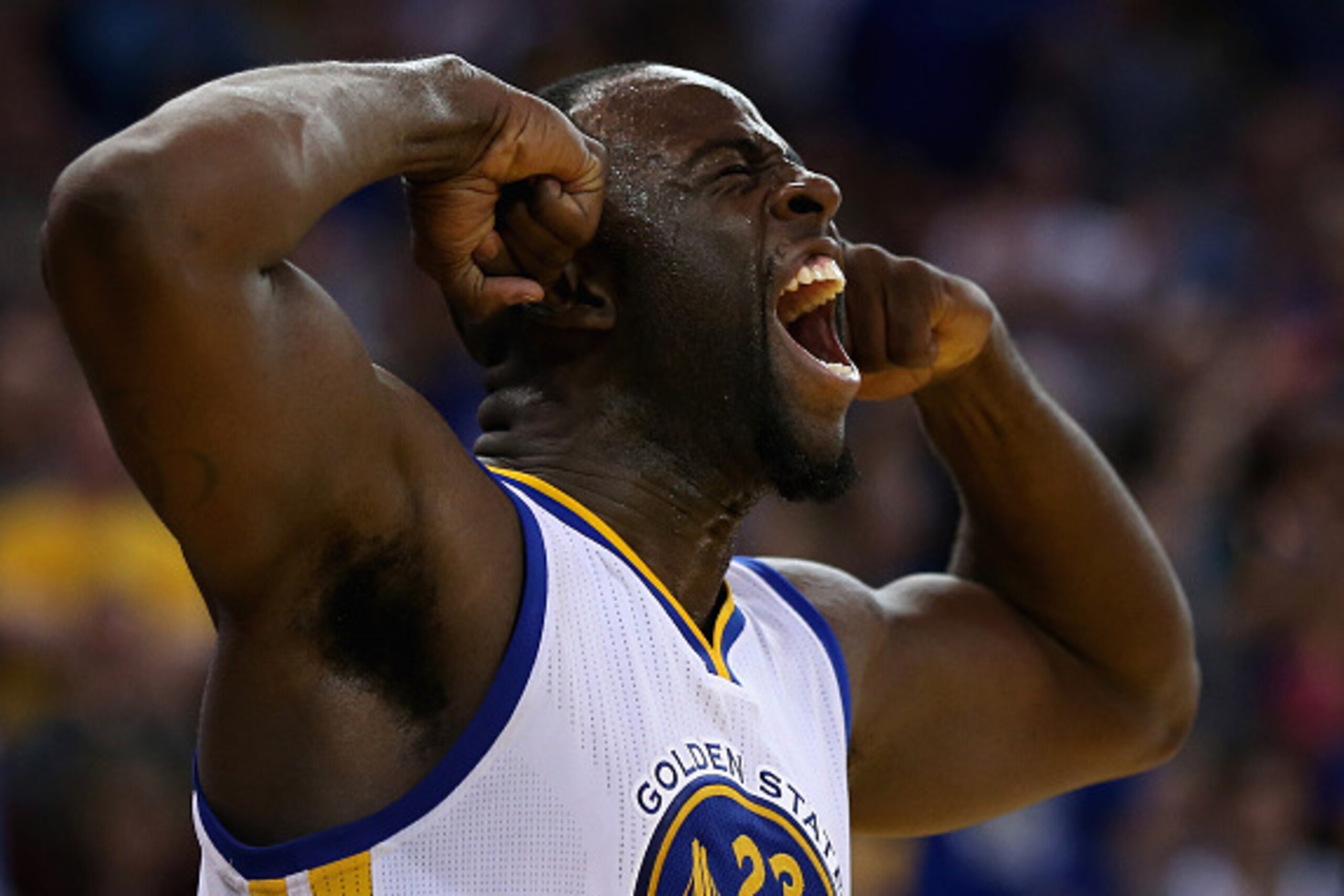 OAKLAND, CA - APRIL 03:  Draymond Green #23 of the Golden State Warriors reacts after he made a basket and was fouled during their game against the Portland Trail Blazers at ORACLE Arena on April 3, 2016 in Oakland, California. NOTE TO USER: User expressl
