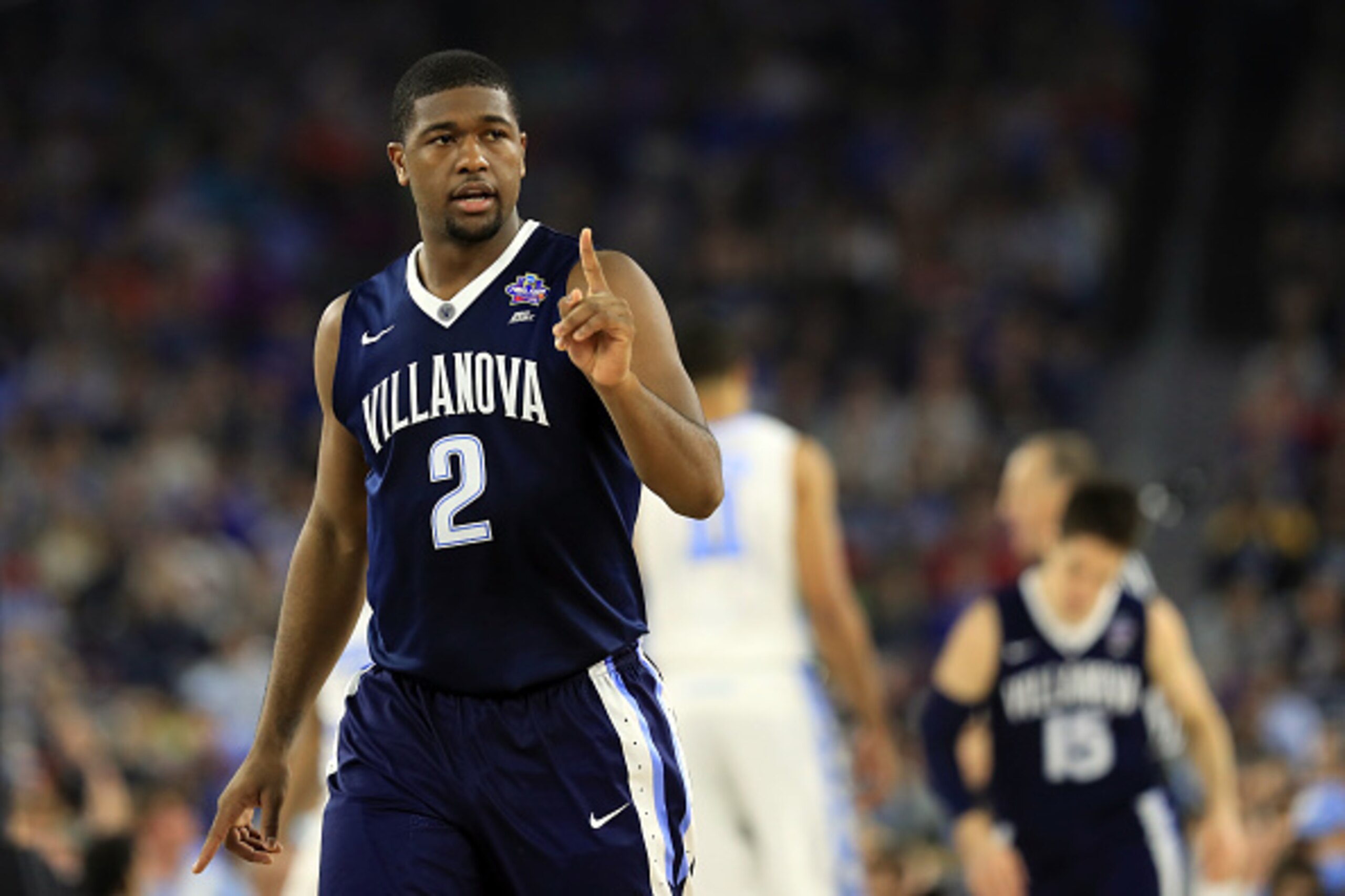 HOUSTON, TEXAS - APRIL 04:  Kris Jenkins #2 of the Villanova Wildcats reacts in the first half against the North Carolina Tar Heels during the 2016 NCAA Men's Final Four National Championship game at NRG Stadium on April 4, 2016 in Houston, Texas.  (Photo