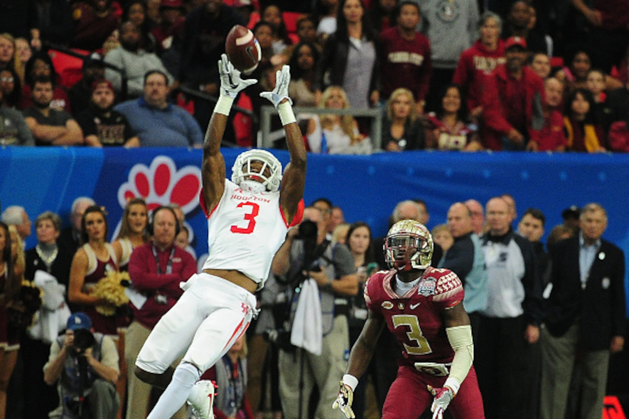 ATLANTA, GA - DECEMBER 31: William Jackson III #3 of the Houston Cougars intercepts a pass against the Florida State Seminoles during the Chick-Fil-A Peach Bowl at the Georgia Dome on December 31, 2015 in Atlanta, Georgia. Photo by Scott Cunningham/Getty 