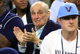 HOUSTON, TEXAS - APRIL 04:  Former Villanova Wildcats head coach Rollie Massimino reacts during the 2016 NCAA Men's Final Four National Championship game between the Villanova Wildcats and the North Carolina Tar Heels at NRG Stadium on April 4, 2016 in Ho
