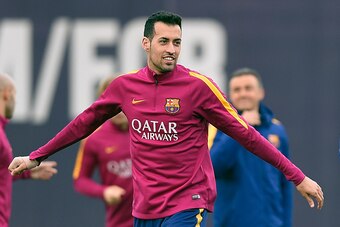 Barcelona's midfielder Sergio Busquets gestures during a training session at the Sports Center FC Barcelona Joan Gamper in Sant Joan Despi, near Barcelona on April 1, 2016 on the eve their Spanish League Clasico football match FC Barcelona vs Real Madrid.