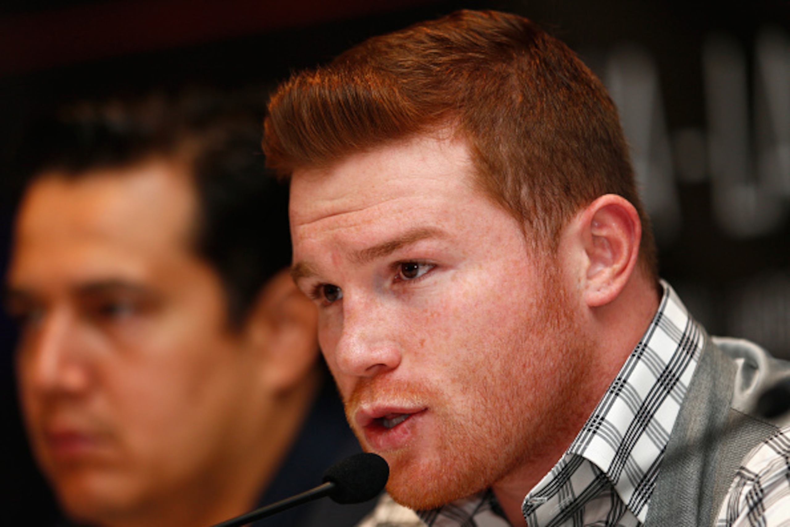 LONDON, ENGLAND - FEBRUARY 29:  Canelo Alvarez talks to the media during a press conference to preview the fight between Amir Khan and Canelo Alvarez at the Park Plaza Riverbank Hotel on February 29, 2016 in London, England.  (Photo by Julian Finney/Getty