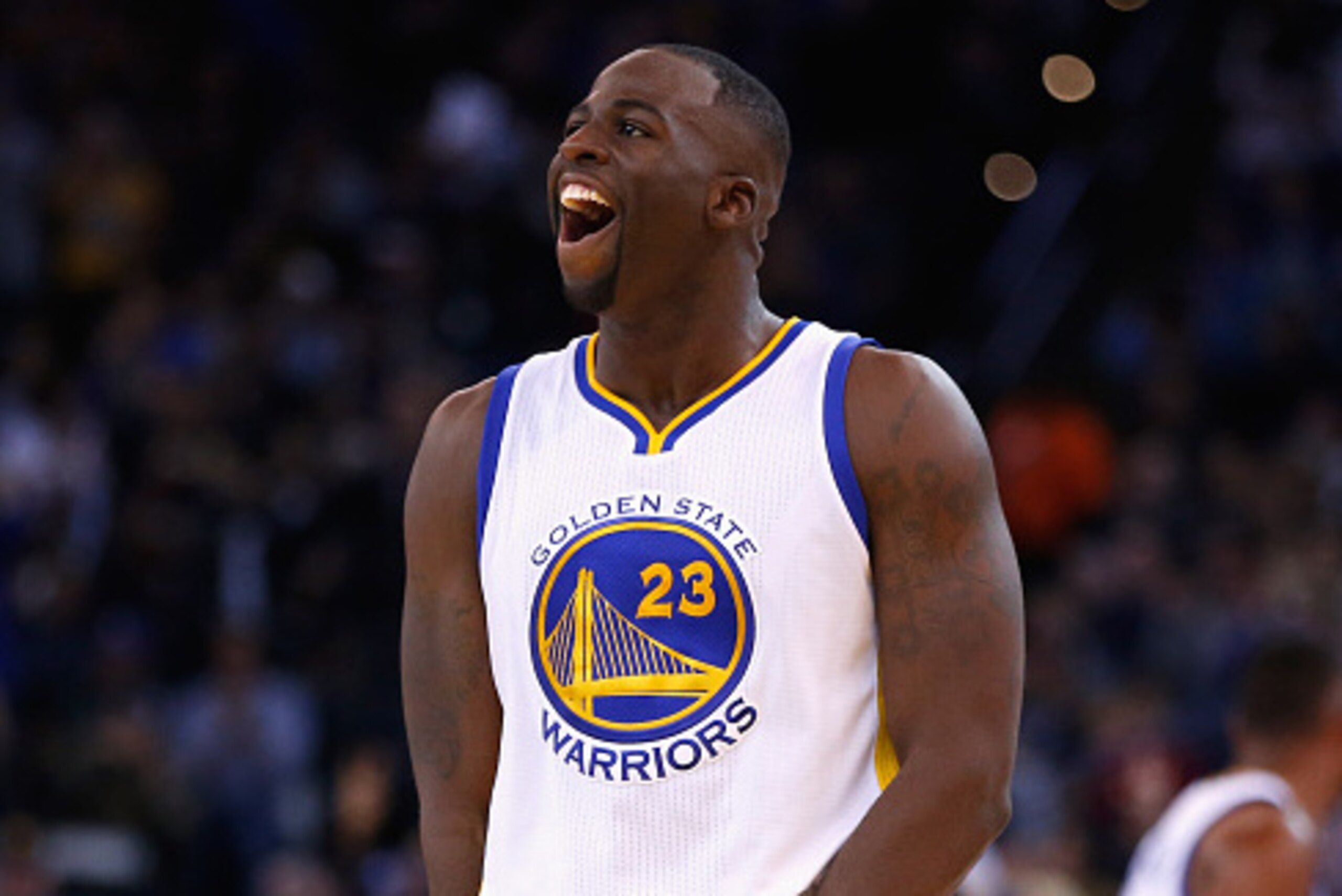 OAKLAND, CA - NOVEMBER 02:  Draymond Green #23 of the Golden State Warriors reactsa after making a shot against the Memphis Grizzlies at ORACLE Arena on November 2, 2015 in Oakland, California. NOTE TO USER: User expressly acknowledges and agrees that, by