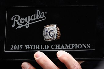 KANSAS CITY, MISSOURI - APRIL 05:  A detail of a 2015 World Series Championship ring presented to Kansas City Royals players during a ring ceremony prior to the game between the Royals and the New York Mets at Kauffman Stadium on April 5, 2016 in Kansas C