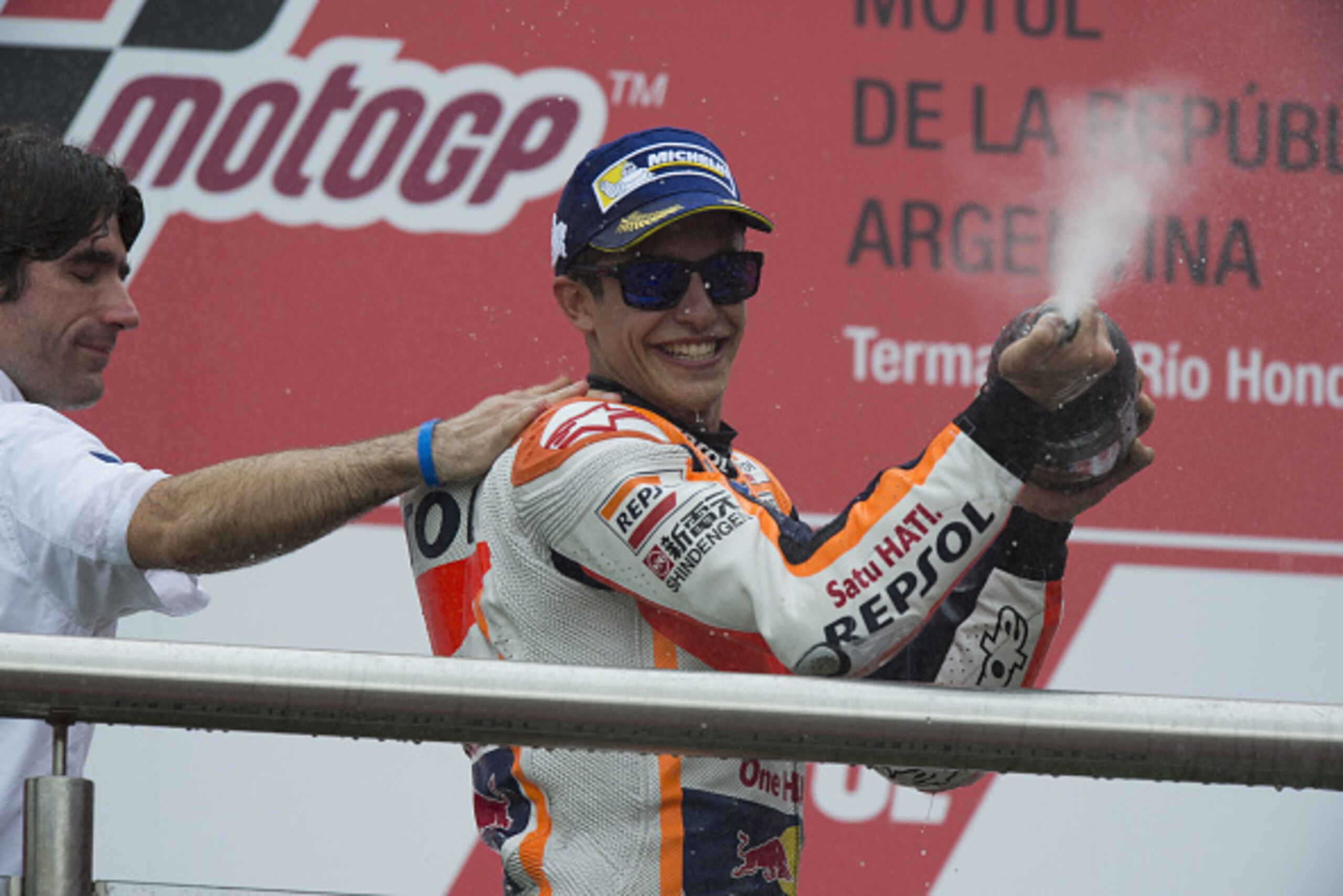 RIO HONDO, SANTIAGO DEL ESTERO - APRIL 03:  Marc Marquez of Spain and Repsol Honda Team celebrates the victory on the podium at the end of  the MotoGP Race during the MotoGp of Argentina - Race at Termas De Rio Hondo Circuit on April 03, 2016 in Rio Hondo