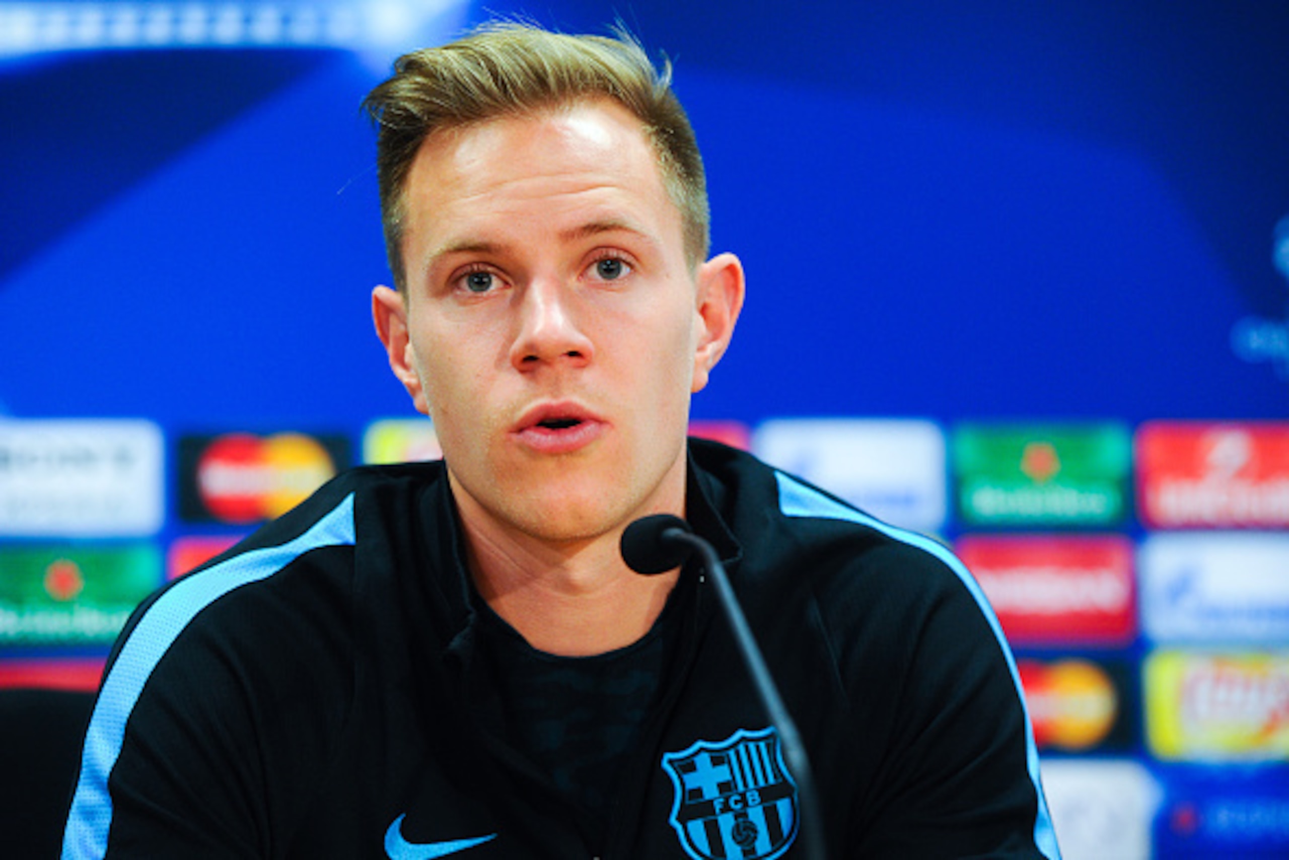 BARCELONA, SPAIN - MARCH 15: Marc-Andre Ter Stegen of FC Barcelona faces the media during a press conference ahead of their UEFA Champions Leage round of 16 second leg match against Arsenal FC at Ciutat Esportiva on March 15, 2016 in Barcelona, Spain. ( BARCELONA, SPAIN - MARCH 15: Marc-Andre Ter Stegen of FC Barcelona faces the media during a press conference ahead of their UEFA Champions Leage round of 16 second leg match against Arsenal FC at Ciutat Esportiva on March 15, 2016 in Barcelona, Spain. (